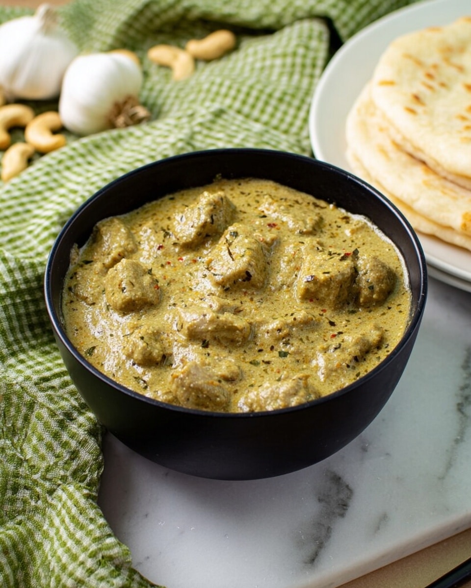 A black bowl filled with thick, creamy yellowish-green curry containing visible small pieces of herbs and tender chunks of meat, with the sauce textured and slightly grainy, sitting on a white marbled surface. Beside it, there is a stack of folded, light golden brown flatbreads on a white plate, partially visible on the right side of the image. In the background, a green and white checkered cloth with garlic bulbs and cashew nuts scattered on it adds a cozy feel to the scene. Photo taken with an iphone --ar 4:5 --v 7