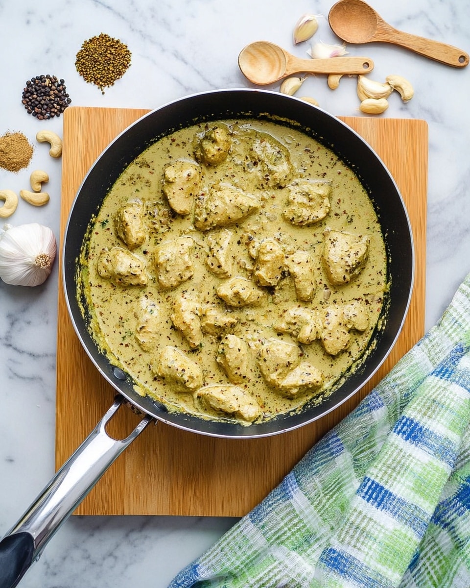 A pan of creamy, thick curry with chunks of cooked chicken, showing a smooth, light greenish-yellow sauce speckled with herbs and spices. The meat pieces are evenly spread and coated in the sauce, which has a slightly oily sheen on top. The black pan has a silver handle and rests on a wooden board. Around the pan are small piles of whole black peppercorns and ground spice on wooden spoons, a few cloves of garlic, and scattered cashew nuts. A green and white checkered cloth with a blue and white napkin lies under the spoons on a white marbled surface. Photo taken with an iphone --ar 4:5 --v 7