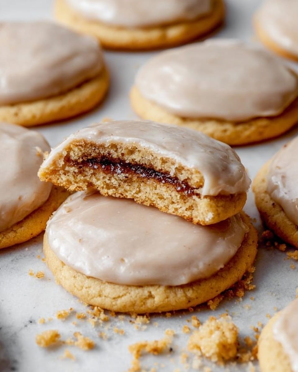 The image shows soft round cookies with smooth light brown frosting on top, arranged on a white marbled surface. One cookie is stacked on another with the top cookie broken in half horizontally, revealing two layers of crumbly golden dough with a thick, dark brown, sticky filling sandwiched in the middle. Crumbs are scattered around the cookies, adding texture to the scene. The background is softly blurred with warm tones, focusing on the cookies in the front. Photo taken with an iphone --ar 4:5 --v 7