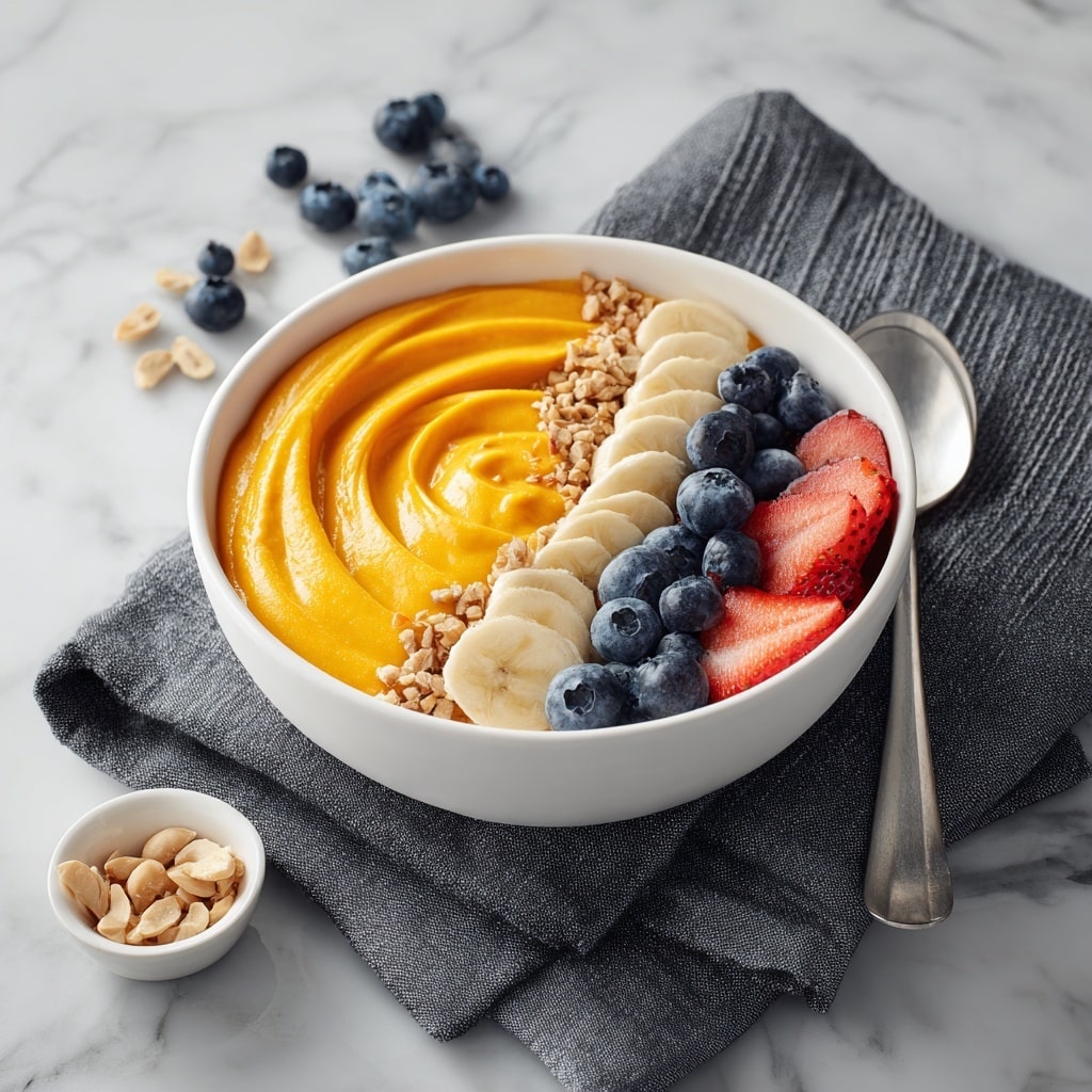 A white marbled surface holds six items arranged neatly: a whole orange-brown sweet potato on the left, and five clear glass bowls around it. The top right bowl is filled with thick, creamy white yogurt with smooth swirls on top. Below it, a small bowl contains light brown peanut butter with a glossy texture. In the center, a tiny bowl holds a small pile of brown cinnamon powder. The bottom two bowls show crunchy, clumped granola in one and a colorful mix of red strawberry pieces and dark blue blueberries in the other, both with visible textures of their ingredients. photo taken with an iphone --ar 4:5 --v 7