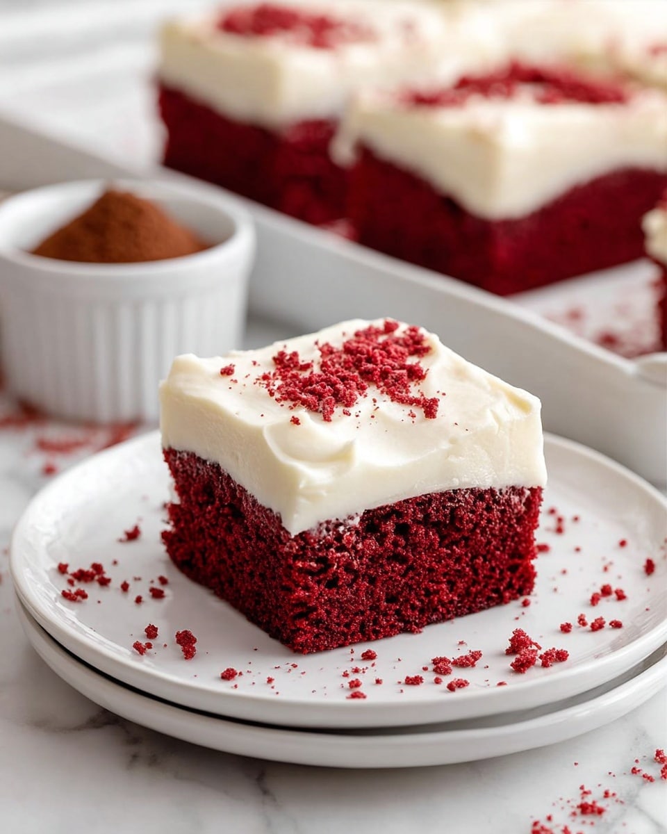 A single square piece of red velvet cake is placed on a white plate with tiny red crumbs scattered around it. The cake has two layers: the bottom layer is rich, moist, and deep red with a slightly crumbly texture, while the top layer is a thick, smooth, creamy white frosting that covers the entire surface. Small red velvet crumbs are sprinkled on top of the frosting. In the blurry background, there are more pieces of the cake on a white tray, and a white bowl with cocoa powder is visible, all set against a white marbled surface. photo taken with an iphone --ar 4:5 --v 7