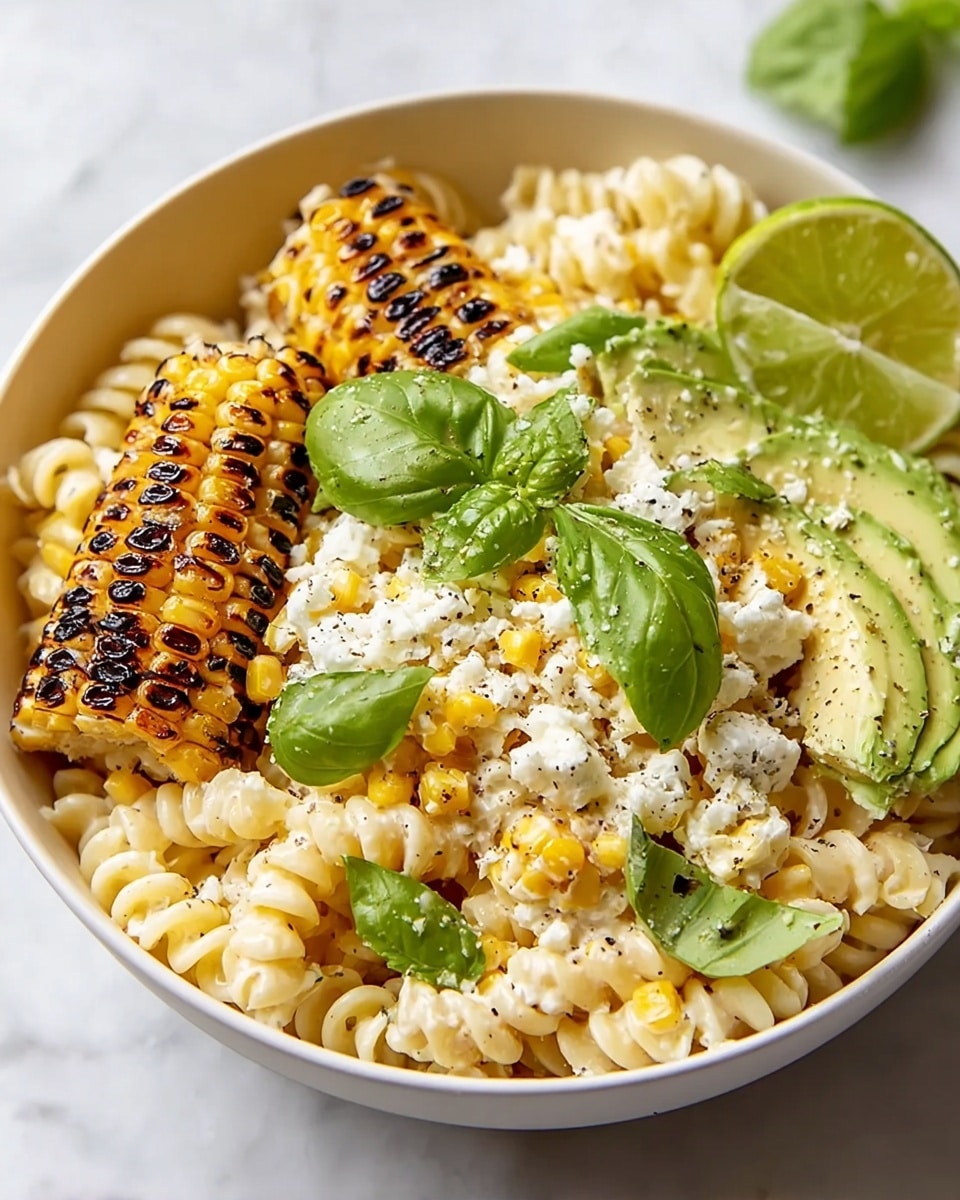 A white bowl filled with a visually rich pasta dish featuring ridged, spiral-shaped light yellow pasta as the base layer. Scattered throughout the pasta are bright yellow grilled corn kernels with some parts slightly charred for texture. On top, there are soft white crumbles of cheese spread unevenly. Fresh green basil leaves add pops of vibrant color, both whole and torn, positioned mainly on the top layer. There are also chunks of light green avocado slices sprinkled around, giving freshness. A light dusting of red seasoning is spread across the dish, adding contrast. The bowl sits on a white marbled texture with a few basil leaves and lime wedges around for decoration. photo taken with an iphone --ar 4:5 --v 7