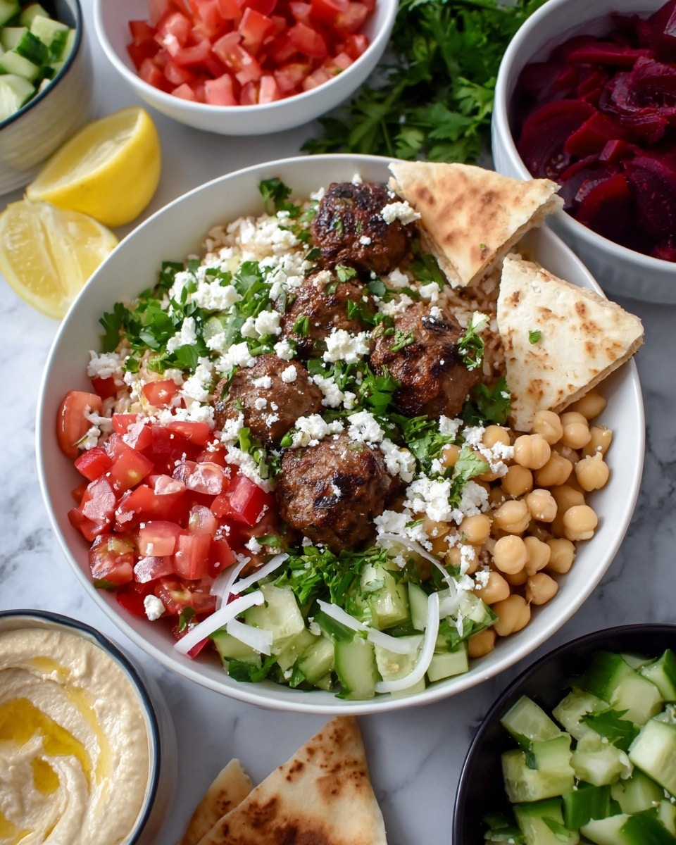 A collection of small bowls and plates arranged on a white marbled surface holding fresh ingredients; at the center, an orange bowl filled with cooked meatballs garnished with green herbs, surrounding it clockwise are: a white bowl with sliced red pickled turnips, a patterned bowl with chopped green cucumbers, a white bowl with folded pita bread triangles, a bunch of fresh green parsley, a patterned bowl filled with chopped red tomatoes, a white bowl with chopped fresh green herbs, a small white plate with lemon wedges, a white bowl with crumbled white cheese, a white bowl with whole chickpeas, a white bowl with cooked rice, and a white bowl with creamy beige hummus, all bright and colorful, photo taken with an iphone --ar 4:5 --v 7