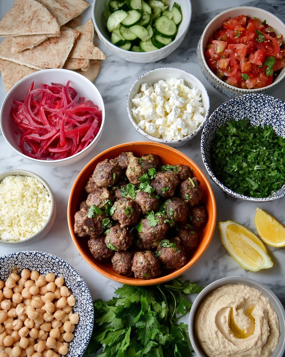 A white bowl filled with a colorful layered Mediterranean dish, starting with a base of white rice, topped with browned meatballs sprinkled with white crumbled cheese and green parsley leaves on the left side; next to the meatballs are bright red tomato chunks mixed with green cucumber pieces and fresh parsley, all scattered with crumbled white cheese in the center; on the right side, there are light beige chickpeas, a few slices of dark red pickled beets, and two triangular pieces of pita bread leaning on the edge; at the bottom left of the bowl is a creamy light beige hummus dollop, with thin white onion rings near lemon wedges placed just outside the bowl on a white marbled surface; surrounding the bowl are additional white bowls filled with bright red diced tomatoes and chopped green cucumbers, with some pita triangles and fresh parsley near the bowl. Photo taken with an iphone --ar 4:5 --v 7