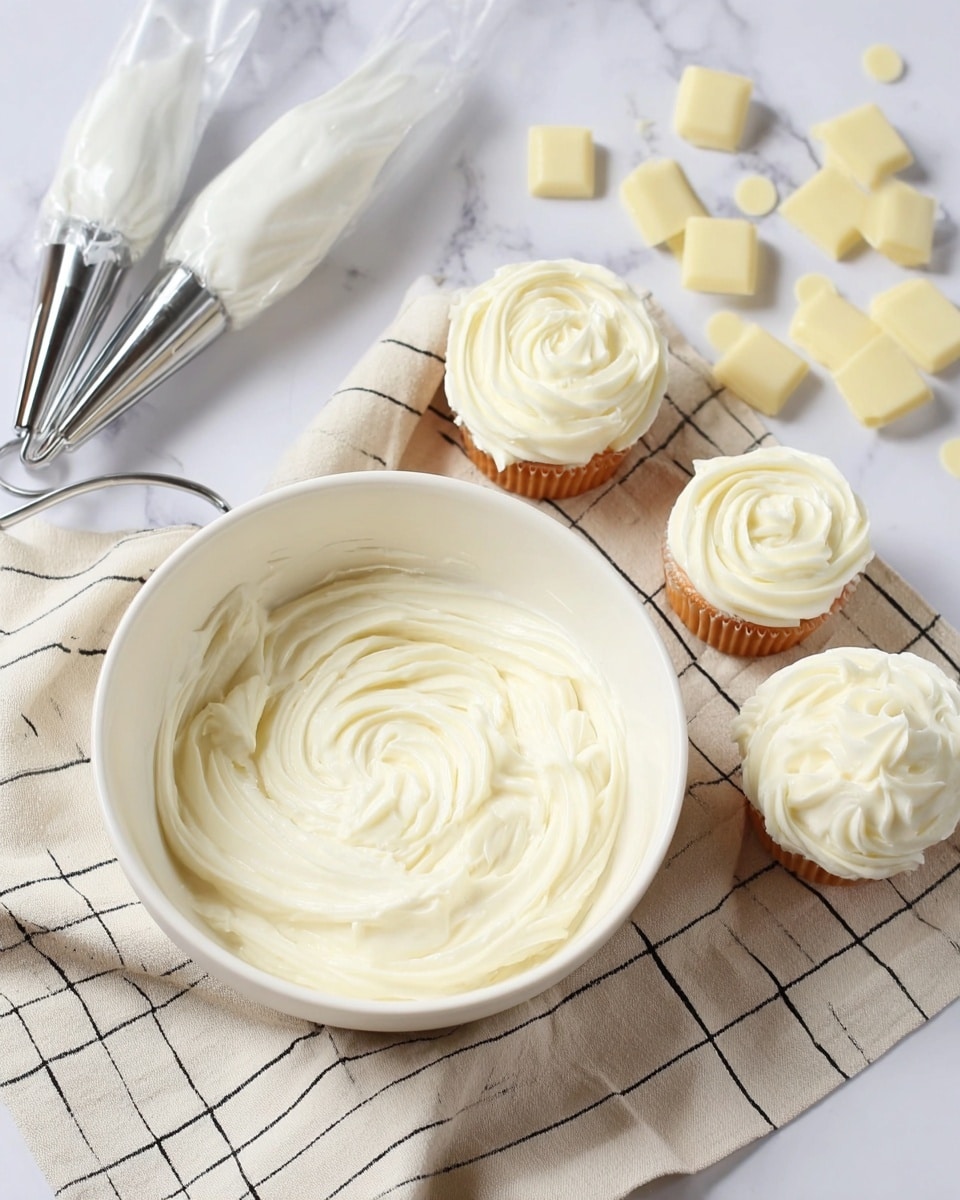 A single cupcake sits partly unwrapped from white paper, showing a golden-brown textured cake base. On top is one thick layer of creamy white frosting with small black vanilla bean specks, swirled smoothly in soft, rounded peaks. The cupcake and its frosting rest on a white marbled texture surface, with two vanilla beans placed nearby on the right side. The background is simple and white, keeping focus on the cupcake. Photo taken with an iphone --ar 4:5 --v 7