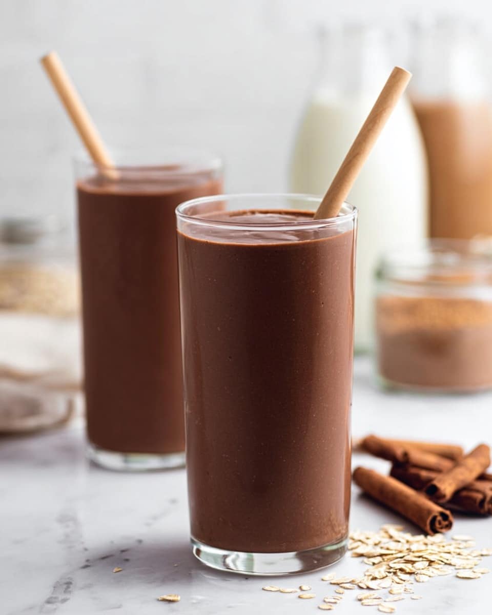 A clear tall glass is being filled with a thick, chocolate-brown smoothie from a clear pitcher held above it, showing the smoothie pouring in a smooth stream. Behind the glass, there are blurred jars and bottles with ingredients like a brown powder and milk, all placed on a white marbled surface. In the front right corner rests a pair of cinnamon sticks with a rough texture and rich brown color. photo taken with an iphone --ar 4:5 --v 7