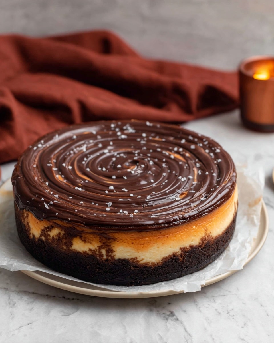 A slice of three-layer cake sits on a stack of two white plates on a white marbled surface. The bottom layer is dark brown and crumbly, likely a cookie crust. The middle layer is thick, creamy, and light brown, resembling a pumpkin or spiced filling. The top layer is a smooth, glossy dark chocolate ganache with decorative swirls across its surface. A silver fork rests diagonally on the plates, leaning against the cake slice. Photo taken with an iphone --ar 4:5 --v 7