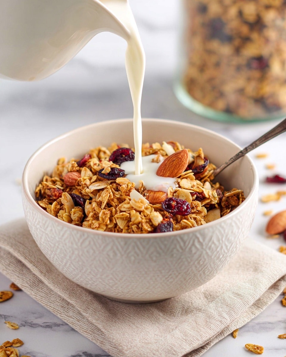 A close-up of a wooden spoon scooping golden brown granola with toasted oats, whole almond pieces, and dried dark red cranberries from a black bowl. The granola looks crunchy with small clusters, and the almonds add a rich texture while the cranberries bring pops of deep red color. The background is a white marbled texture. photo taken with an iphone --ar 4:5 --v 7