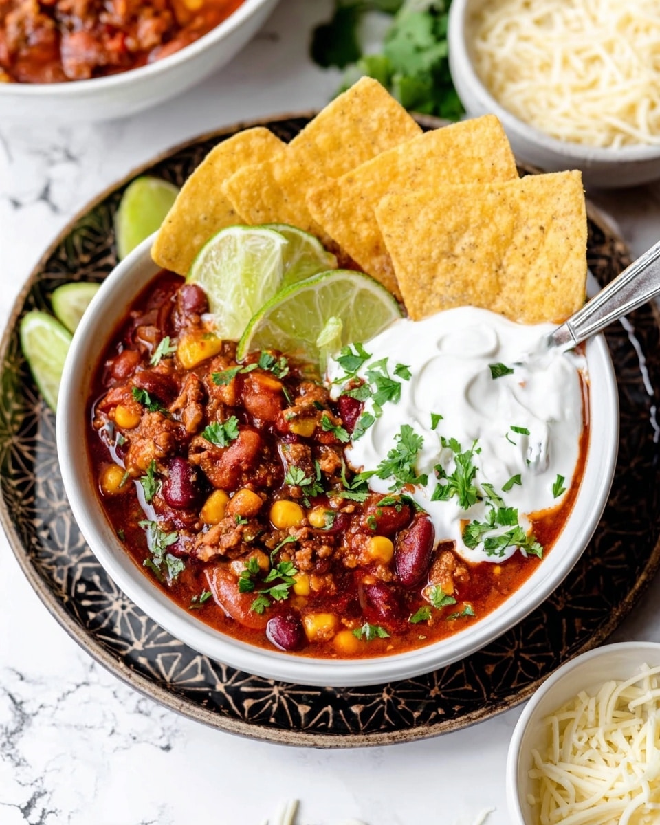 A white bowl filled with three main layers: at the bottom is chunky chili with reddish-brown beans, corn, and bits of ground meat in a rich tomato sauce; on top of the chili to the right, a thick white layer of sour cream garnished with chopped green cilantro leaves; on the left side, three thin lime slices lean against the chili. A silver spoon rests on the bowl's edge, partially in the chili. Behind the bowl are several large yellowish tortilla chips standing upright. The bowl sits on a dark patterned tray, with shredded white cheese scattered nearby and a white bowl filled with shredded cheese in the corner. The surface beneath is white with a marbled texture. Photo taken with an iphone --ar 4:5 --v 7