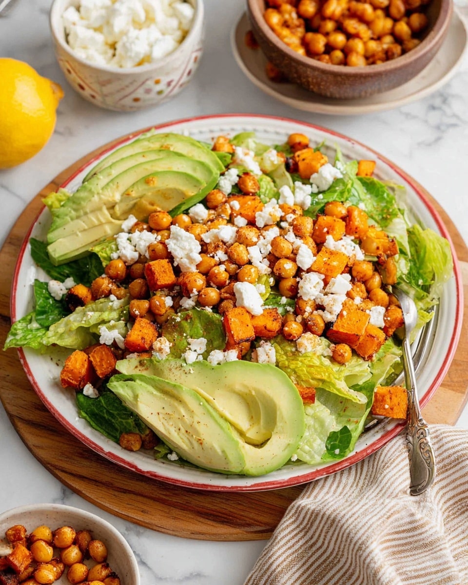 A white plate with a red rim holds a colorful salad. The bottom layer is fresh, green lettuce leaves spread across the plate. On top of that are chunks of orange roasted butternut squash and golden-brown roasted chickpeas scattered evenly. Several slices of light green avocado are placed on the salad, slightly overlapping the squash and chickpeas. White crumbles of feta cheese are sprinkled throughout, adding texture and contrast to the vibrant colors. The plate is set on a round wooden board, with a white marbled surface underneath. Around the plate, there is a small white bowl of additional feta cheese chunks, a decorative white bowl with roasted chickpeas, a partially visible brown ceramic bowl holding a lemon, and a striped beige cloth on the side. Photo taken with an iphone --ar 4:5 --v 7