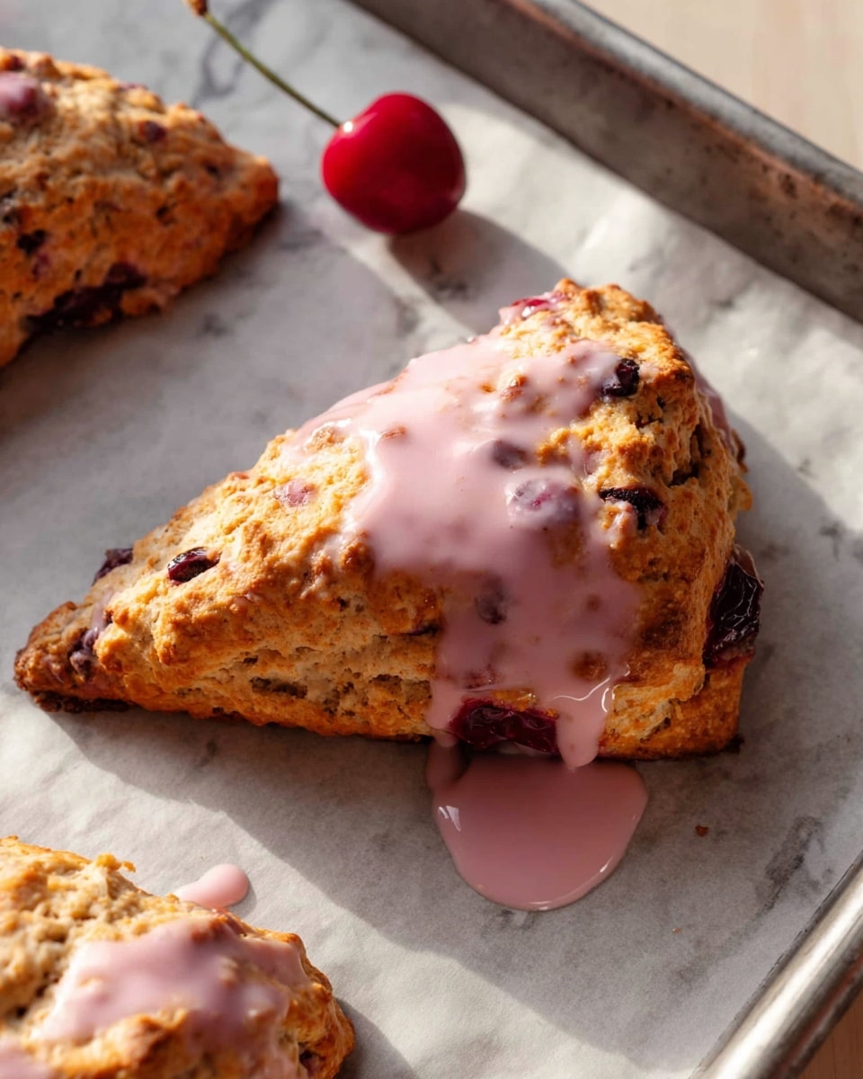 A close-up view of a triangular scone with a rough, golden-brown texture and visible dark chocolate chunks, topped with a smooth, light pink glaze that drips gently down the sides, crowned by a shiny, deep red cherry with a thin stem placed in the center. The scone sits on a white speckled round plate with concentric circle ridges. In the background, there is a white ceramic bowl filled with fresh dark red cherries. The setting is a white marbled surface with warm natural light casting shadows. Photo taken with an iphone --ar 4:5 --v 7