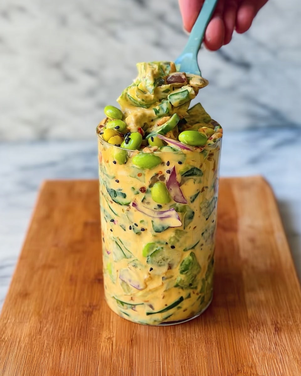 A clear tall container filled with a thick, creamy mixture of various ingredients. The mixture has a light orange sauce coating thin slices of cucumber and pieces of yellow squash or potato, along with small black seeds scattered throughout. There are also small bits of green and orange vegetables, giving a colorful and chunky texture. The container is placed on a white marbled surface and is filled to the top with the creamy vegetable mix. photo taken with an iphone --ar 4:5 --v 7