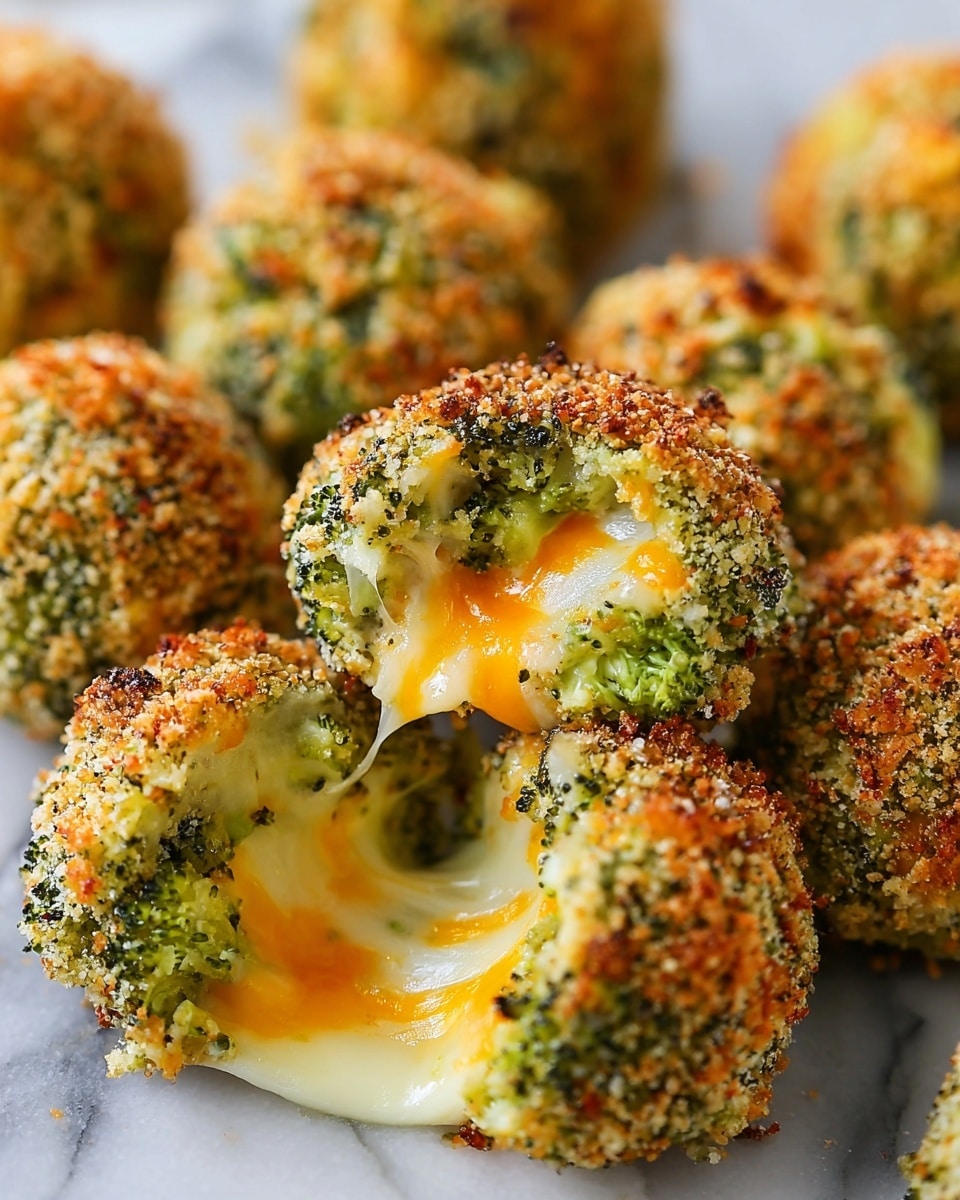 The image shows several round broccoli cheese bites with a slightly rough texture on the outside from the broccoli and breadcrumbs. Each bite has a green broccoli layer dotted with orange and white melted cheese inside and a light brown crispy breadcrumb topping. One bite is broken open, revealing gooey yellow and white cheese oozing from the center. The bites are placed closely together on a white marbled surface, with a soft focus on the background bites. Photo taken with an iphone --ar 4:5 --v 7