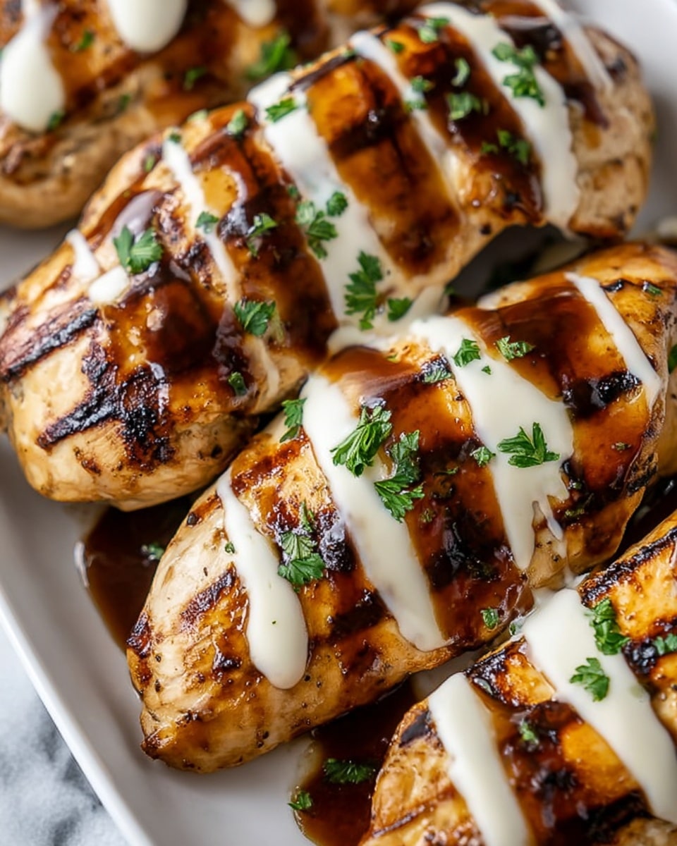 Two cooked chicken breasts are placed side by side in a white rectangular baking dish. They are covered with a creamy, golden-brown sauce that has some darker brown grill marks or caramelized spots on top. Small bits of chopped green herbs are sprinkled over the chicken, adding a fresh color contrast. The sauce appears thick and slightly bubbling around the edges of the chicken, with some juices pooling at the bottom of the dish. The dish sits on a white marbled surface with a light gray fringed cloth placed nearby. photo taken with an iphone --ar 4:5 --v 7