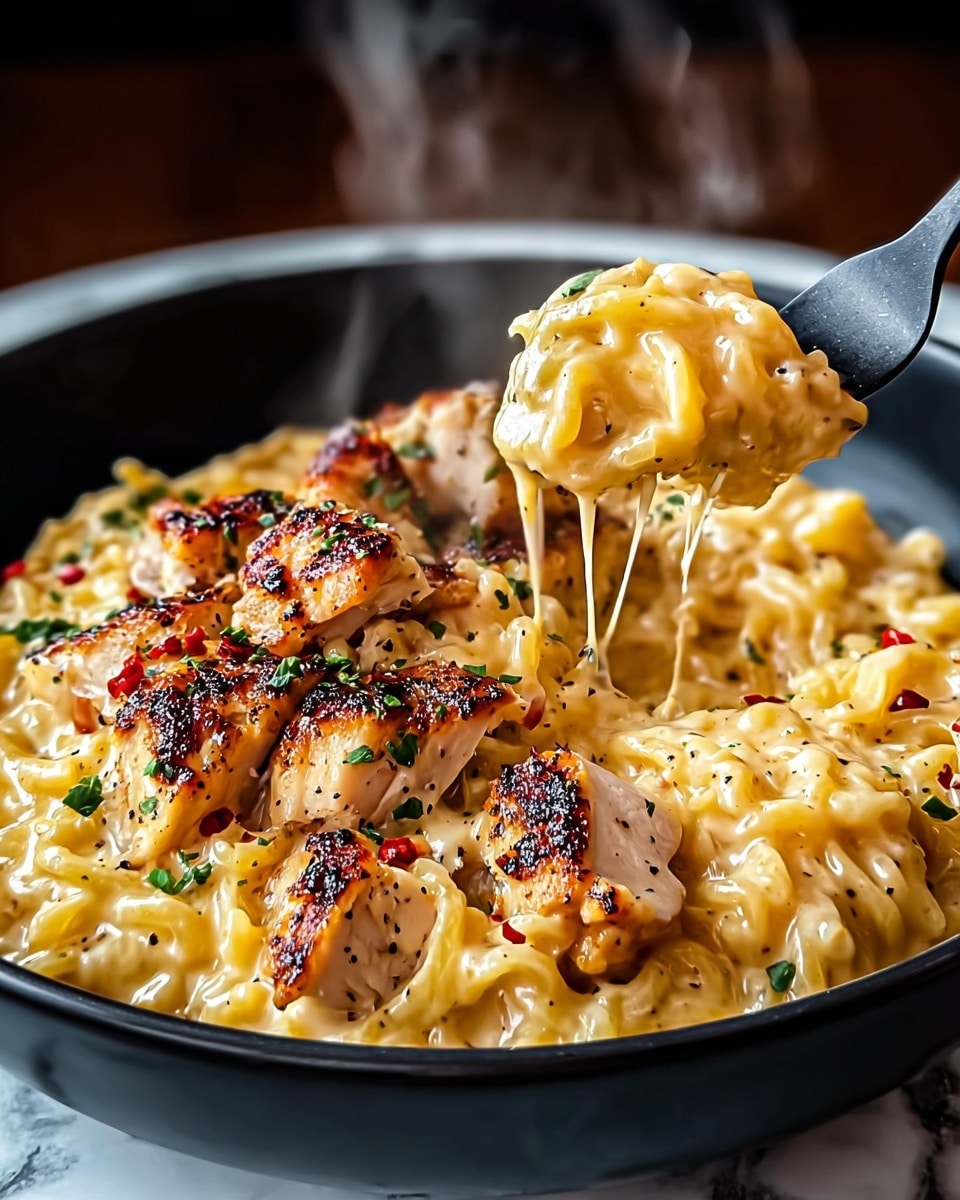 A black bowl filled with creamy, golden pasta as the base layer, coated in a smooth sauce with visible specks of red chili flakes and chopped green herbs spread evenly throughout. On top, there are about eight pieces of browned, seared chicken arranged closely together, showing a crisp and slightly charred outer texture with a golden-brown color. The chicken pieces have small green herb bits sprinkled on them, adding contrast. Steam rises gently from the dish, and a spoon is partially visible on the left side of the bowl. The bowl sits on a white marbled surface. photo taken with an iphone --ar 4:5 --v 7