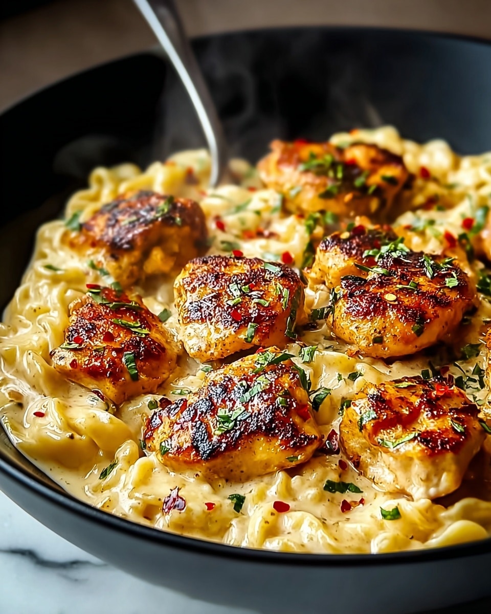 A black bowl filled with creamy, golden-yellow pasta mixed with browned, grilled chicken pieces on top, sprinkled with small green herb bits and black pepper. The pasta appears rich and cheesy with a smooth texture, and some red chili bits are scattered among the chicken. A black fork lifts a portion of the pasta mixed with chicken, steam rising gently from the hot dish, highlighting the creamy sauce dripping slightly from the fork. The background has a soft focus with a white marbled texture beneath the bowl. photo taken with an iphone --ar 4:5 --v 7