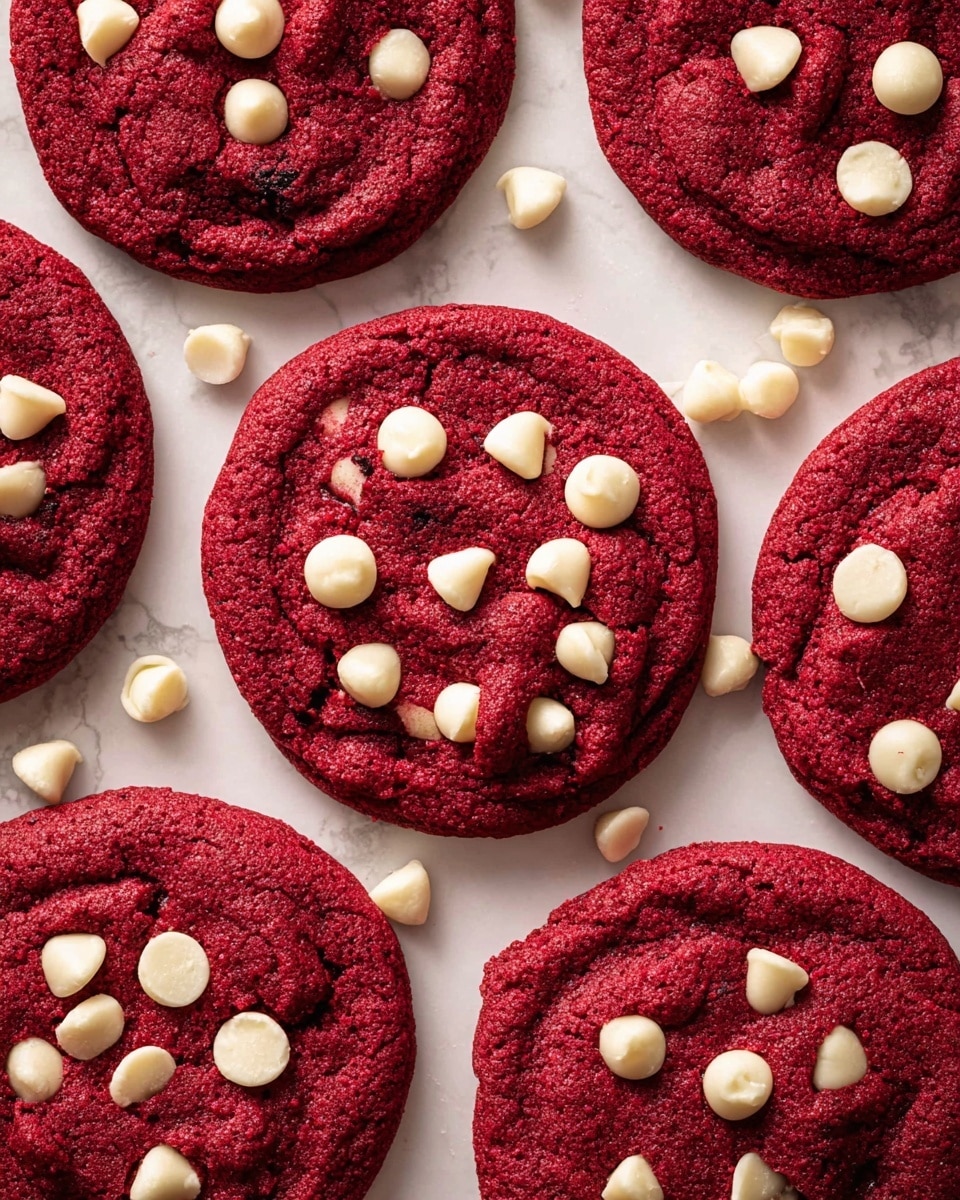 A stack of six red velvet cookies with white chocolate chips arranged on top and between the layers, sitting on brown parchment paper over a white marbled surface. The cookies are deep red with a soft texture and slightly cracked tops, while the white chocolate chips are smooth and slightly melted. One cookie near the center has a bite taken out, showing a soft and moist interior. Around the stack, several additional red velvet cookies lie flat, also topped with white chocolate chips. photo taken with an iphone --ar 4:5 --v 7