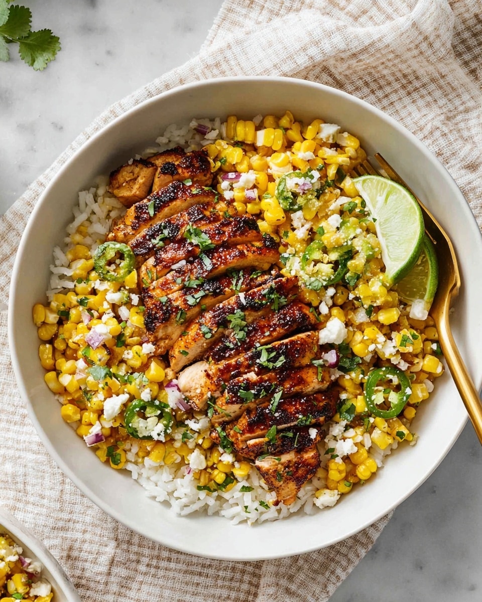 A white bowl filled with a three-layer dish: the bottom layer is fluffy white rice with some blackened spices scattered on top, the middle layer shows grilled chicken pieces with a dark charred crust and orange-brown inside, and the top layer consists of a creamy mix with yellow corn kernels, white sauce, and small green herbs, held by a silver fork near the bowl. In the background, parts of another white bowl and fresh green corn husks lie on a white marbled surface. Photo taken with an iphone --ar 4:5 --v 7