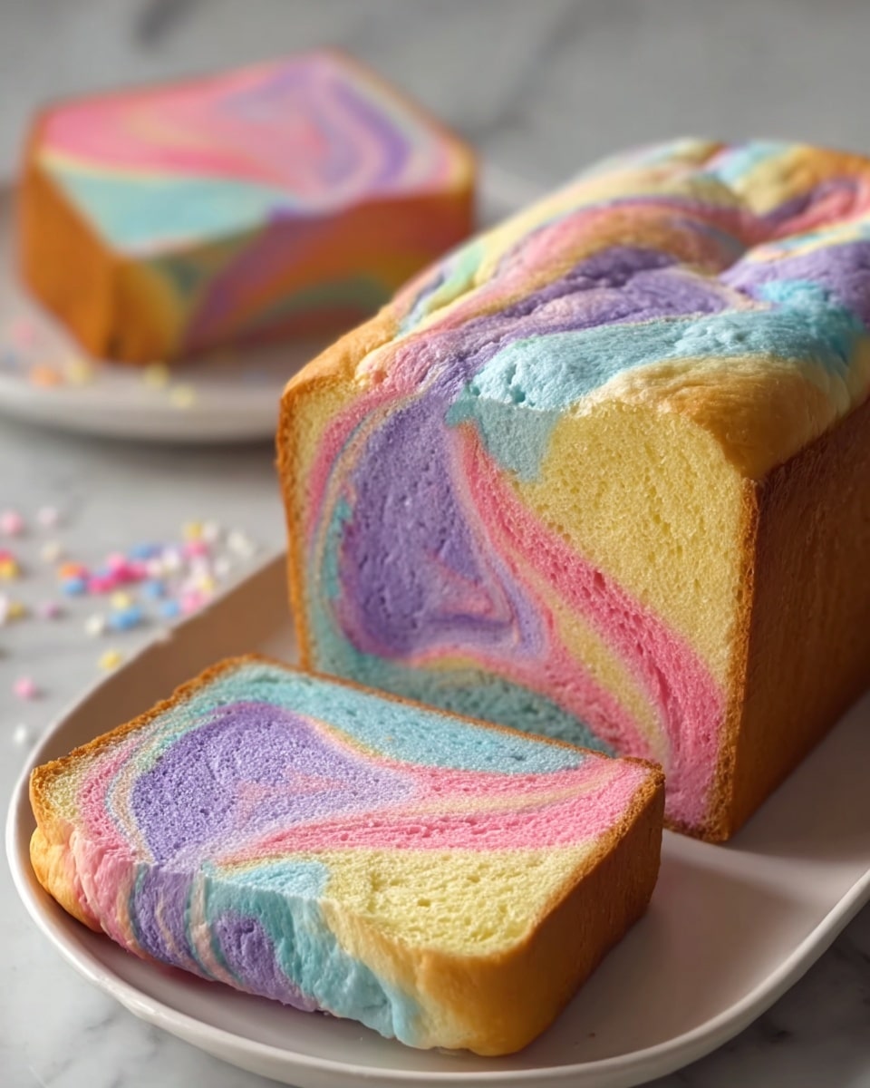 A close-up view of a loaf of bread with a soft and fluffy texture, showing colorful swirls inside that mix pastel pink, yellow, blue, and purple shades. The loaf has a light brown crust on the outside with a smooth surface, and the inside layers show a gentle blend of the four colors, creating a marbled look with no clear separation. The bread sits on a white plate, which is on a white marbled textured surface. Soft natural light highlights the texture and colors, making the swirls look bright and appealing. Photo taken with an iphone --ar 4:5 --v 7