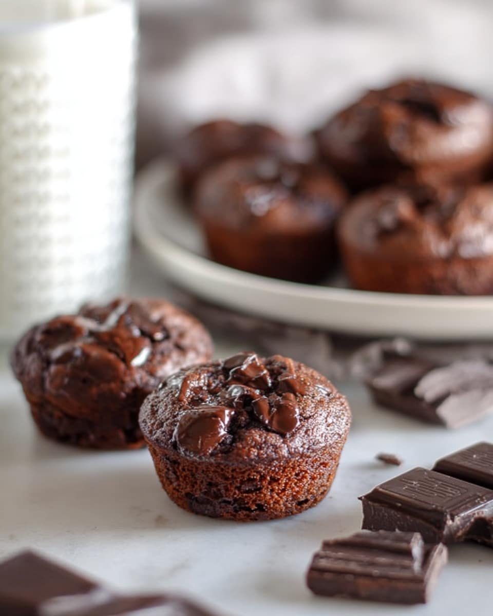 The image shows small chocolate muffins with a rough and cracked top, studded with melted chocolate chunks that create a glossy, rich texture. The muffins are dark brown with slightly uneven surfaces and soft edges, placed randomly on a white marbled surface. In the background, a white glass of milk with a textured pattern is visible to the left, while a white plate holding more muffins sits blurred further back on the right side. Pieces of broken dark chocolate bars and chunks are scattered near the muffins in the foreground. The overall scene is softly lit, emphasizing the gooey texture of the melted chocolate on the muffins. photo taken with an iphone --ar 4:5 --v 7