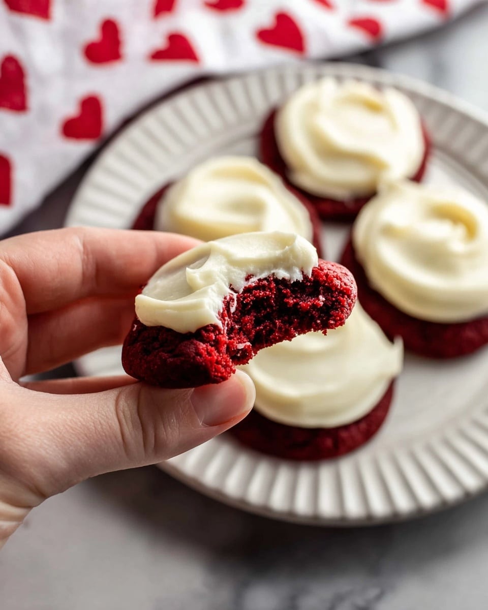 A close-up of a woman's hand holding a single red velvet cookie with a bite taken from it, showing its soft, crumbly red interior. The cookie is topped with a thick, creamy white frosting layer that has a smooth, slightly swirled texture. In the background, there is a white plate with a ribbed pattern holding four more red velvet cookies, each topped with the same smooth white frosting. The setting is on a white marbled surface, and a white cloth with red heart patterns is slightly visible at the top edge. Photo taken with an iphone --ar 4:5 --v 7