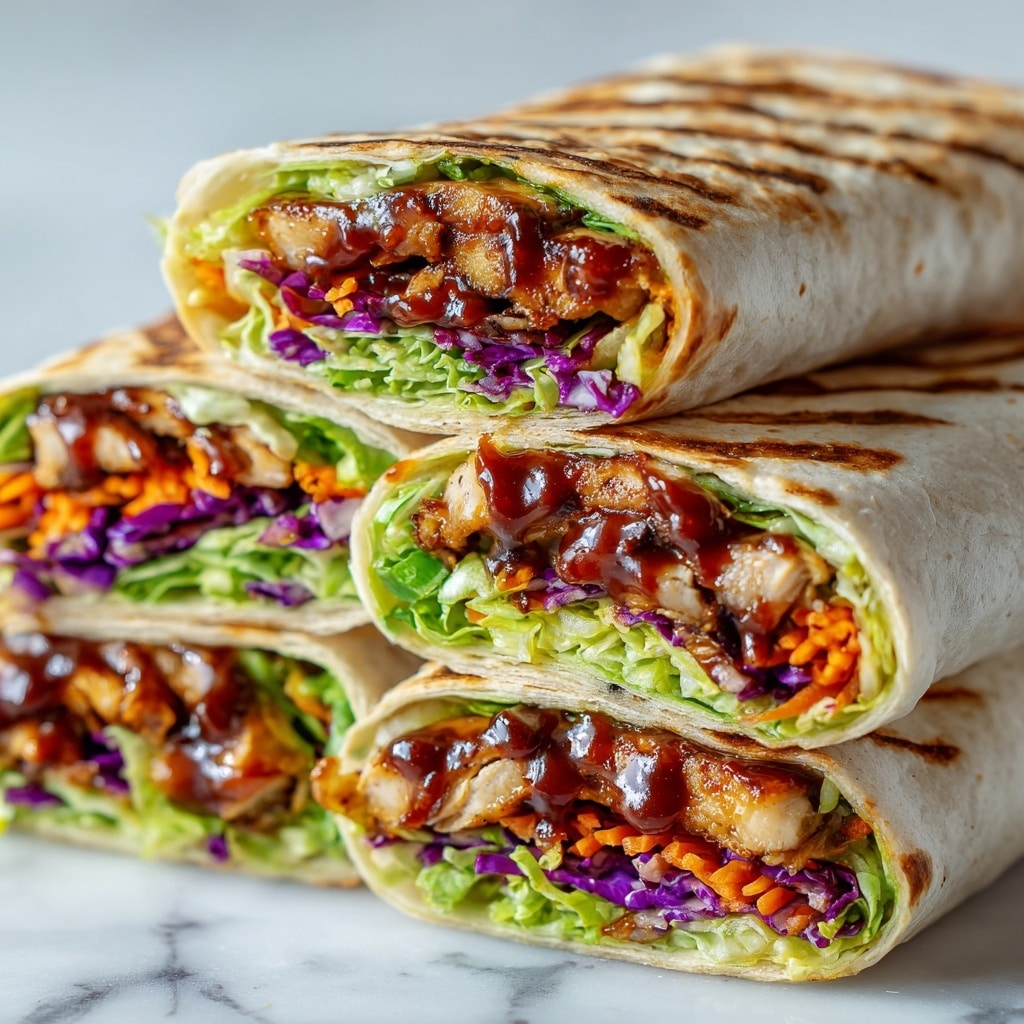 Two cut grilled wraps stacked on a white marbled surface, each wrap with a thin outer layer of lightly browned flatbread showing grill marks. Inside, multiple layers show bright green shredded lettuce as the base, topped with shredded orange carrots and purple cabbage. On top of the vegetables are juicy pieces of grilled chicken glazed with a thick, dark brown sauce that glistens under the light, adding a shiny texture. The wraps are positioned close to the camera, filling most of the frame for a detailed view. Photo taken with an iphone --ar 4:5 --v 7