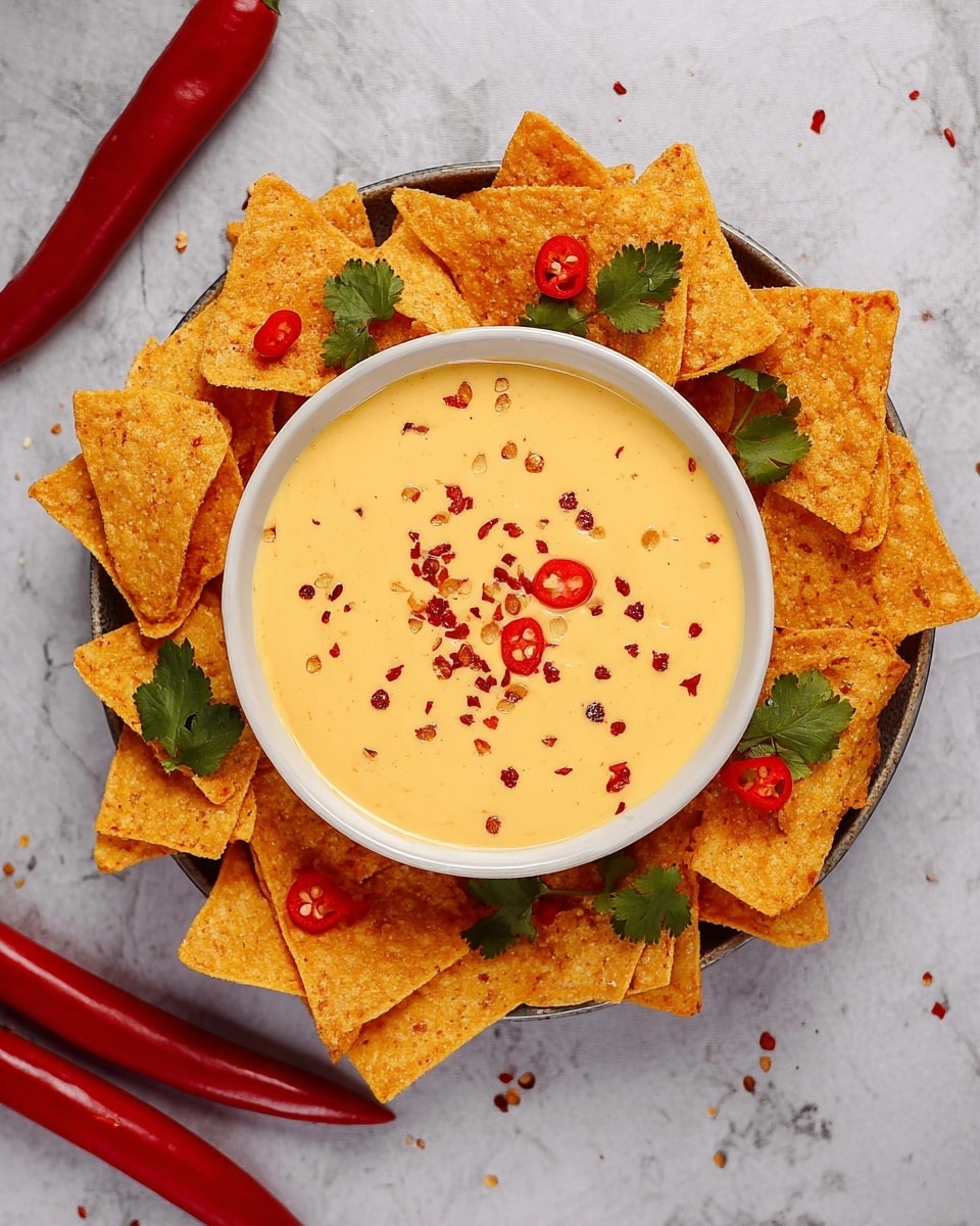 A white bowl filled with smooth, creamy light yellow cheese sauce sprinkled with red chili flakes in the center, surrounded by a layer of triangular orange tortilla chips that have a rough texture; the chips are garnished with small green cilantro leaves and thin red chili slices scattered on top. The bowl is placed on a white marbled surface with whole red chili peppers near it. photo taken with an iphone --ar 4:5 --v 7