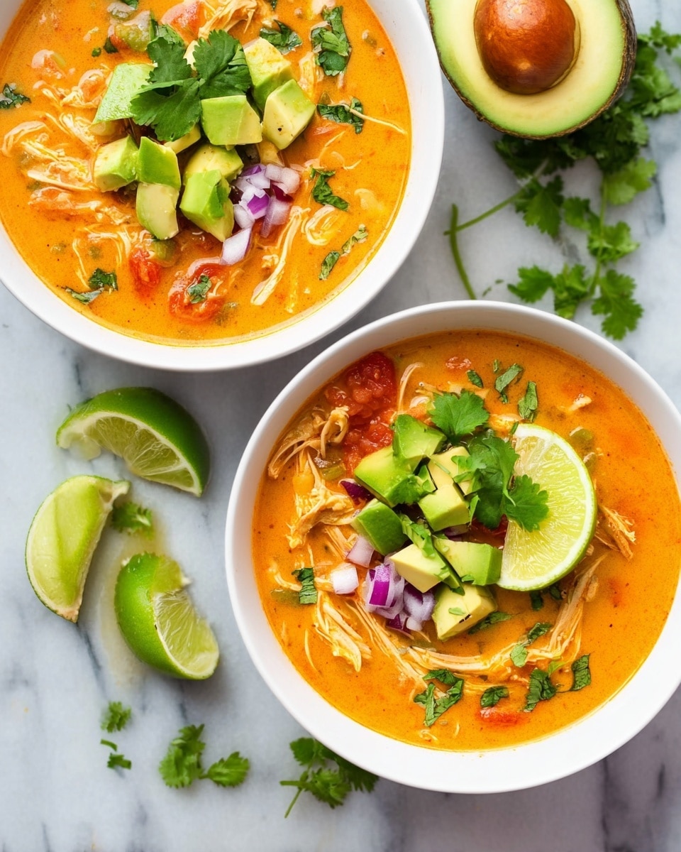 A white bowl filled with a thick orange soup base, topped with several layers of ingredients: tender shredded chicken in the center, bright green cubed avocado scattered on one side, small pieces of red onion sprinkled around, and fresh green cilantro leaves spread evenly on top. Two lime wedges rest on the left edge of the bowl, adding a fresh touch. The bowl is placed on a white marbled surface with a few cilantro leaves scattered nearby. Photo taken with an iphone --ar 4:5 --v 7