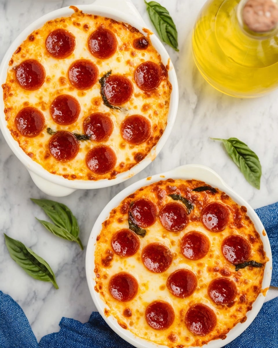 A small white ceramic ramekin filled with a cheesy baked dish showing at least three layers: the top layer is melted golden cheese with slightly browned edges and pieces of red pepperoni slices scattered on top, one with a small green basil leaf; underneath, there is creamy, gooey melted cheese stretching as a spoon lifts a portion, revealing a second layer with mixed bits of red tomato sauce and soft white pasta or chicken pieces; the bottom layer is less visible but hints at more cheese and sauce blending together. The spoon is held by a woman's hand, lifting a cheesy portion with one whole pepperoni slice on top. The background displays a soft white marbled texture surface with some blurred green basil leaves and food jars out of focus. photo taken with an iphone --ar 4:5 --v 7