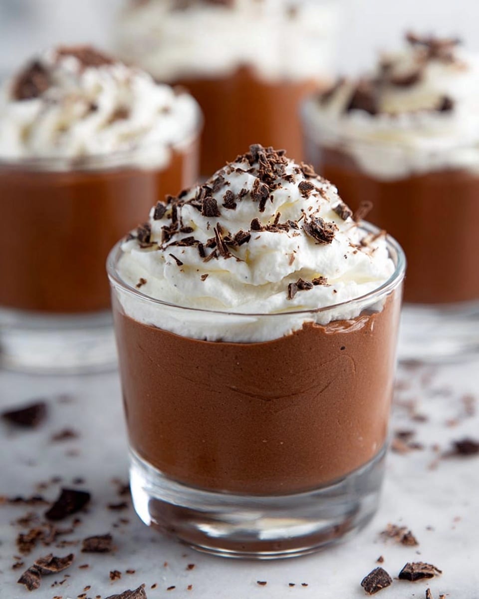 The image shows three clear glass cups filled with two layers of dessert on a white marbled surface. The bottom layer is thick and creamy chocolate mousse with a smooth texture and rich brown color. The top layer is a dollop of white whipped cream that looks soft and fluffy, sitting slightly uneven on each mousse cup. On top of the whipped cream are small, dark brown chocolate shavings scattered unevenly, adding a textured detail. Some chocolate shavings and a few chocolate pieces are also scattered around the cups on the surface. photo taken with an iphone --ar 4:5 --v 7