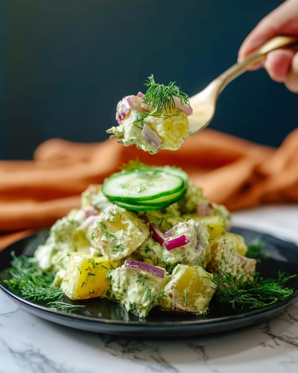 A close-up of a fork held by a woman's hand lifting a small bite of potato salad from a black plate, which should be white in the description, filled with chunky potato pieces coated in a creamy green herb dressing. The salad has visible layers of yellow potato cubes mixed with bright green cucumber slices, small bits of red onion, and scattered sprigs of fresh dill for garnish. On the plate, there is a neatly placed cucumber ring on top of the salad mound with more dill beside it, creating a fresh and textured look. The background is a white marbled texture with a soft orange cloth in the distance, adding warmth to the setting. photo taken with an iphone --ar 4:5 --v 7