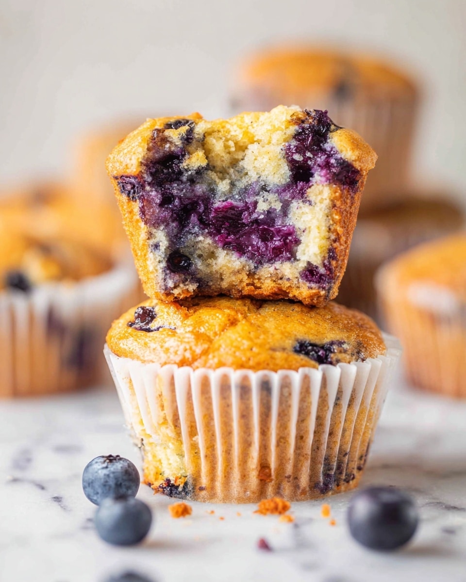 A close-up of two blueberry muffins stacked on a white marbled surface, the bottom muffin sits upright with a golden-brown top and visible blueberries inside the moist, crumbly texture; the top muffin is placed upside down showing its soft, golden interior dotted with dark purple blueberries. In the background, more muffins rest on a white plate, partially out of focus. Fresh blueberries and small crumbs are scattered around the base, all set against a softly lit white marbled background, photo taken with an iphone --ar 4:5 --v 7