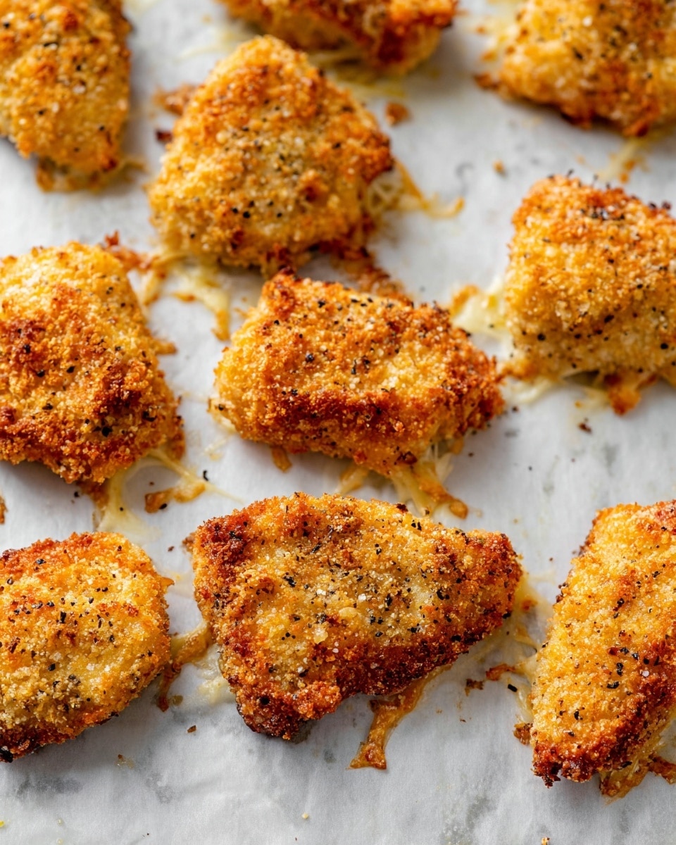 A white bowl lined with crinkled white paper holds several golden-brown fried chicken nuggets. The chicken coating is textured with a mix of small crumbs and tiny herb flecks, showing some crispy, slightly rough edges and shredded bits. One nugget is cut in half and placed on top, revealing a thick, white, tender inside layer of cooked chicken breast. The scene is set on a white marbled surface, with another nugget partially visible in the background and one on the side. photo taken with an iphone --ar 4:5 --v 7