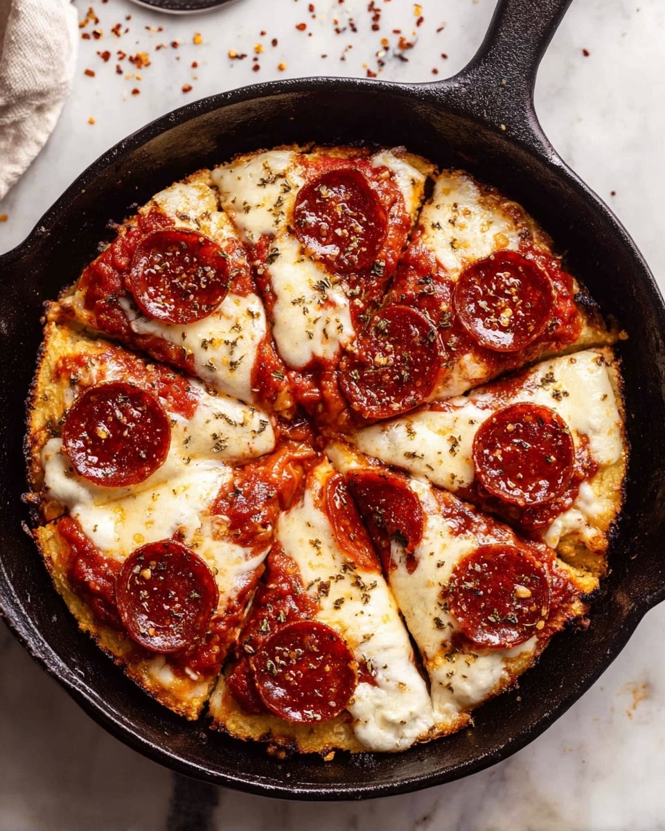 A close-up view of a pepperoni pizza in a black cast iron pan placed on a white marbled surface, showing four slices with one slice being lifted by a woman's hand revealing melted, stretchy golden cheese. The pizza has a base layer of melted white mozzarella cheese topped with scattered red tomato sauce patches and round reddish-brown pepperoni slices, some bubbling and browned on the edges, sprinkled with herbs. The crust is golden brown and slightly crispy around the edges. Photo taken with an iphone --ar 4:5 --v 7