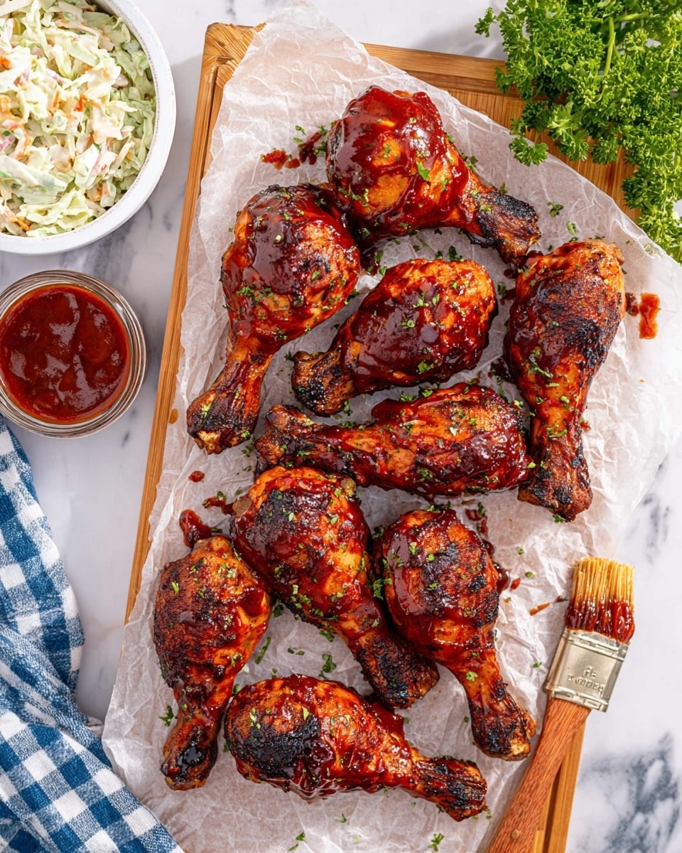 Nine grilled chicken drumsticks covered in shiny, dark red barbecue sauce with some green herb bits sprinkled on top lie on white parchment paper on a wooden board. The drumsticks have a charred, textured look with sauce pooling in places. To the left is a small clear container with more barbecue sauce, and a sauce brush with sauce on its bristles rests near the top right. A white bowl with creamy coleslaw sits above the chicken, and fresh green parsley is partly visible at the top right. The setting is on a white marbled surface with a blue and white checkered cloth partly showing near the bottom left. photo taken with an iphone --ar 4:5 --v 7