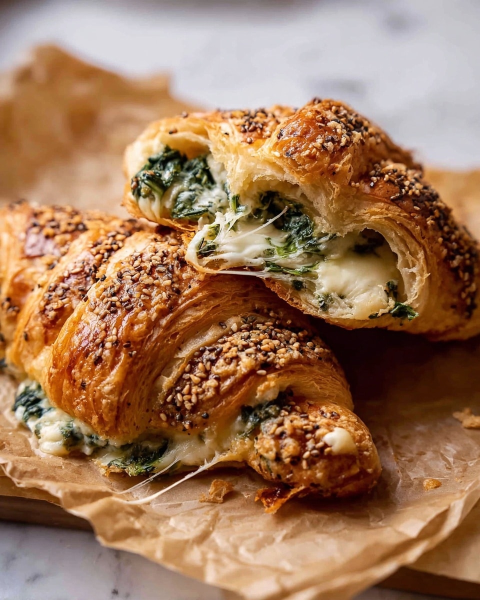The image shows a close-up of golden-brown croissants with a shiny, flaky crust sprinkled with a mix of white and black sesame seeds on top. Each croissant is cut open and filled with a creamy white cheese mixed with green spinach, giving a soft and textured look to the filling. The croissants sit on a sheet covered with light crumbs and some melted cheese bits. At the top part of the image, there is a white bowl filled with more sesame seeds, contrasting with the smooth, white marbled background. The overall appearance is warm, inviting, and detailed, showing the layers of the pastry and the creamy filling fully. photo taken with an iphone --ar 4:5 --v 7