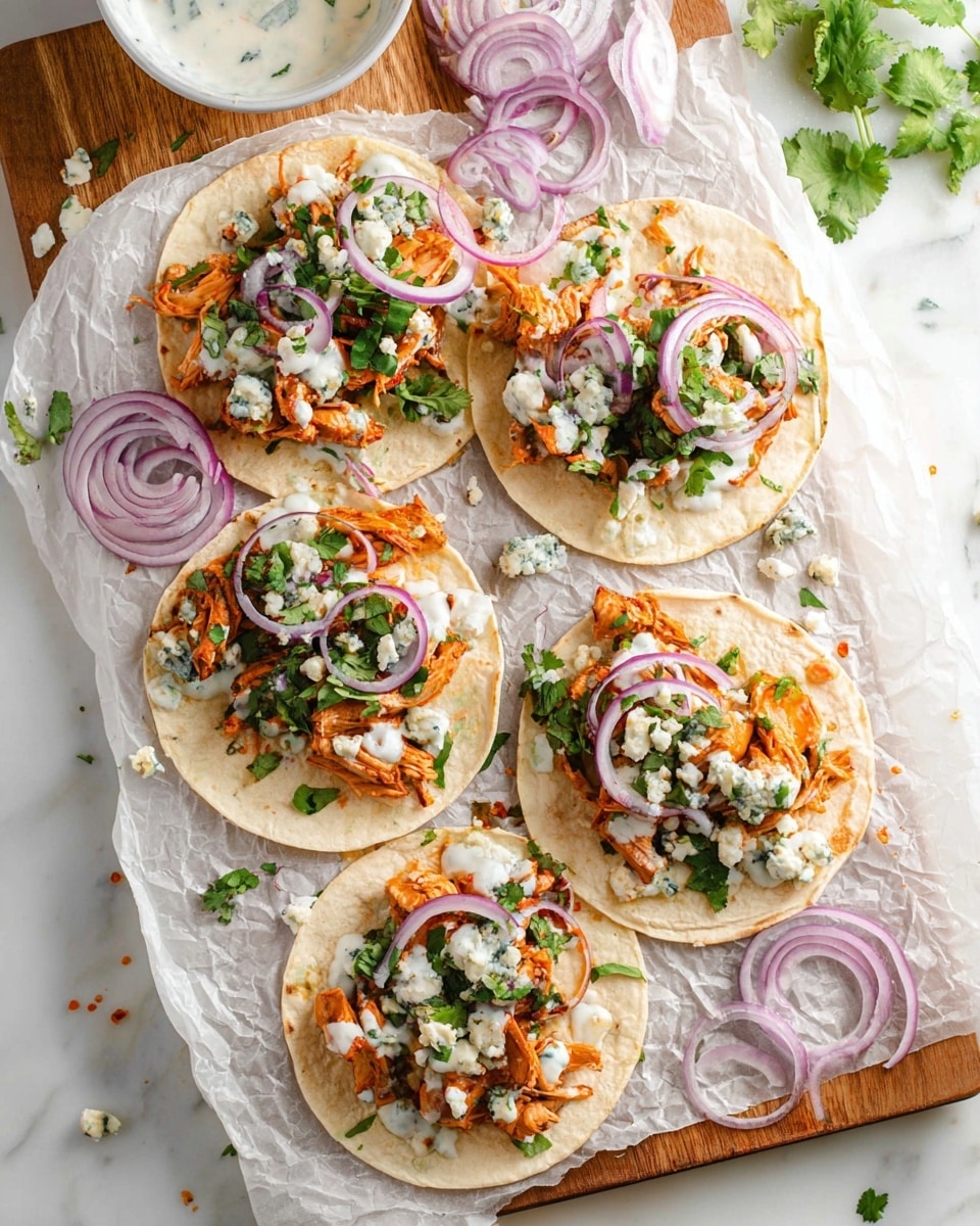 The image shows small soft white tortillas as the base, each topped with bright orange shredded chicken mixed with a creamy white sauce. On top of the chicken, there are rings and slices of purple-red onion, scattered pieces of crumbly white cheese, and fresh green herbs finely chopped, including cilantro and green onions. The tacos are laid out on white parchment paper that rests on a wooden board, with a white marbled texture in the background. The focus is sharp on the front taco, showing the soft textures and colors clearly, with other tacos blurred in the background. Photo taken with an iphone --ar 4:5 --v 7