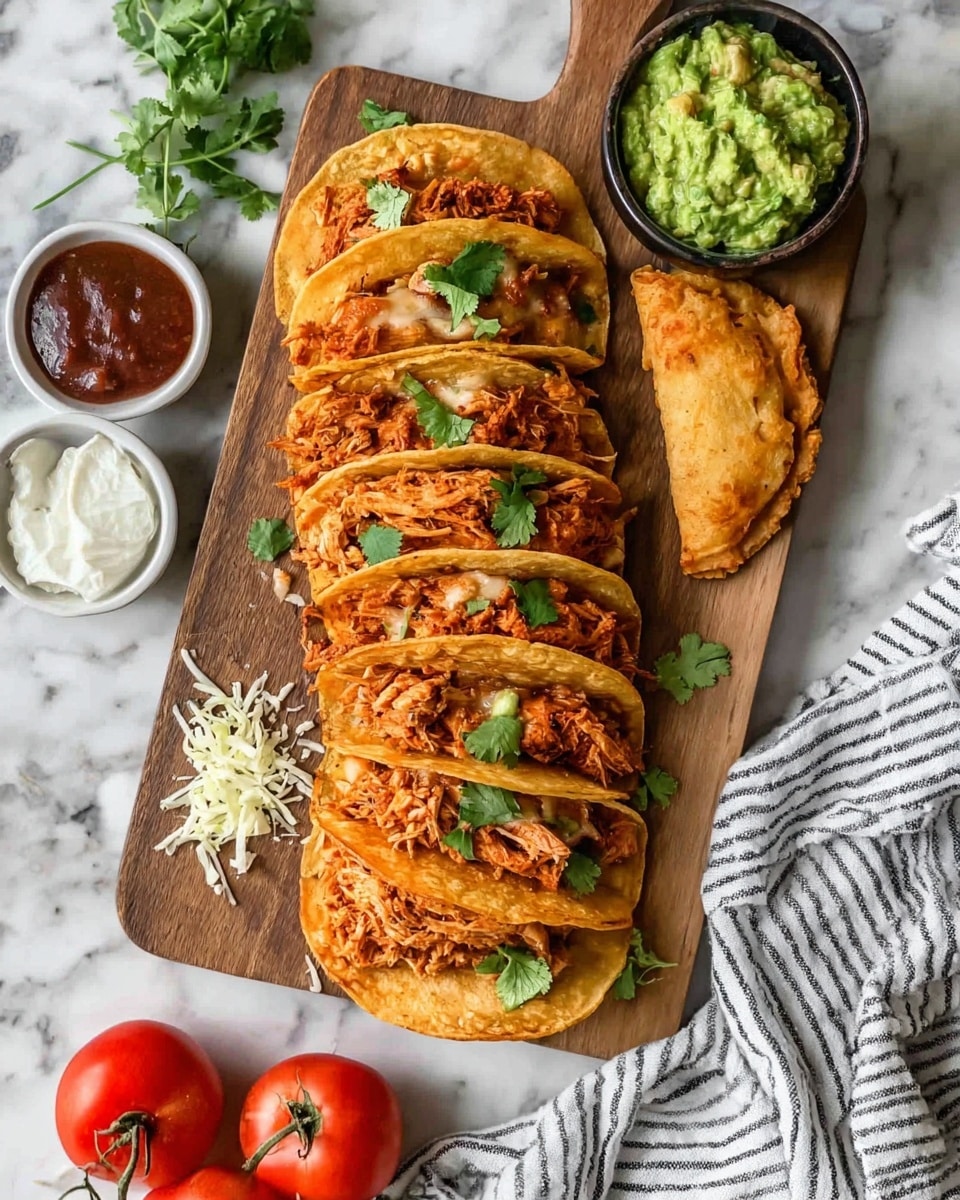 Three tacos are arranged side by side on brown paper over a wooden board, placed on a white marbled surface. Each taco has two soft golden-brown tortillas, slightly folded, with the inner layer filled with shredded orange-brown cooked chicken mixed with sauce, topped with small green cilantro leaves. Some red sauce is drizzled on the outer tortilla, adding a splash of color. Behind the tacos, three small white bowls hold different dips: one with chunky red salsa, one with light green guacamole, and one with smooth white sour cream. Scattered cilantro leaves and cherry tomatoes add extra detail around the board. photo taken with an iphone --ar 4:5 --v 7