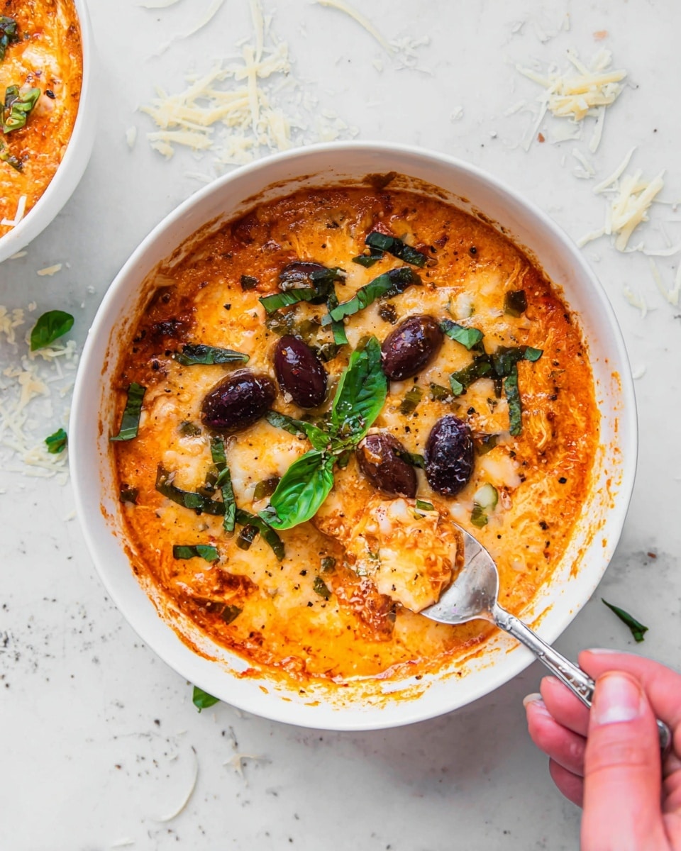 A white bowl filled with a layered dish showing an orange tomato sauce base mixed with melted cheese, visible bubbling and small chunks of cheese creating a creamy texture. On top, there are torn dark purple olives scattered along with bright green fresh basil pieces, adding contrast. The edge of the bowl shows sauce stains, indicating a rich, thick texture inside. A woman's hand holds a spoon digging into the food on the right side of the bowl. The bowl is placed on a white marbled texture sprinkled with shredded cheese and small basil leaves. Photo taken with an iphone --ar 4:5 --v 7