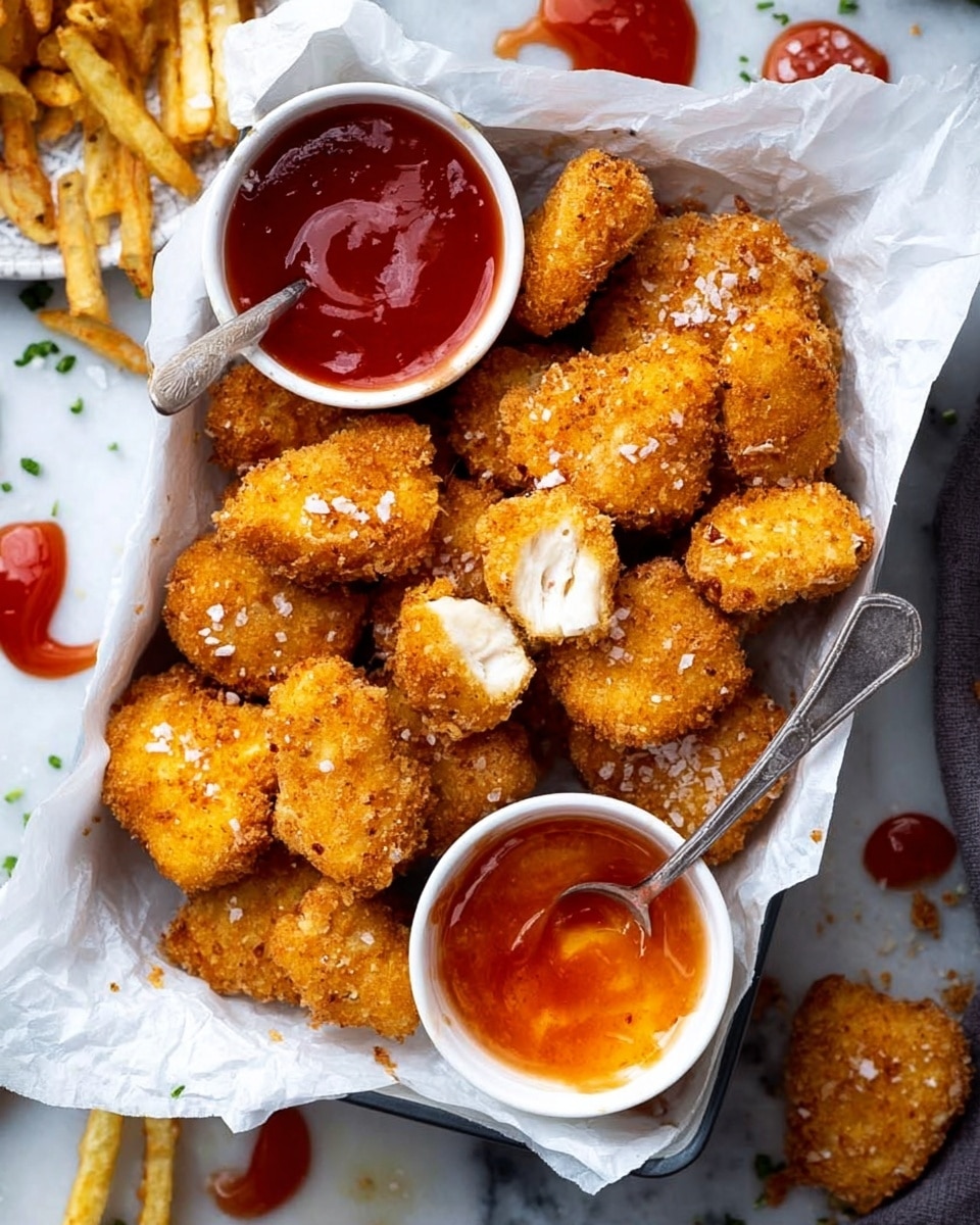The image shows many golden-brown crispy nuggets piled together on white parchment paper inside a white dish, with some large flakes of salt sprinkled on top. One nugget is broken open, showing tender, white inside meat. There is a dollop of red sauce on one nugget near the top center. To the right side, a small white bowl holds a reddish-brown dipping sauce, and a spoon above it has some of the same sauce dripping from it. The background is a white marbled texture. Photo taken with an iphone --ar 4:5 --v 7