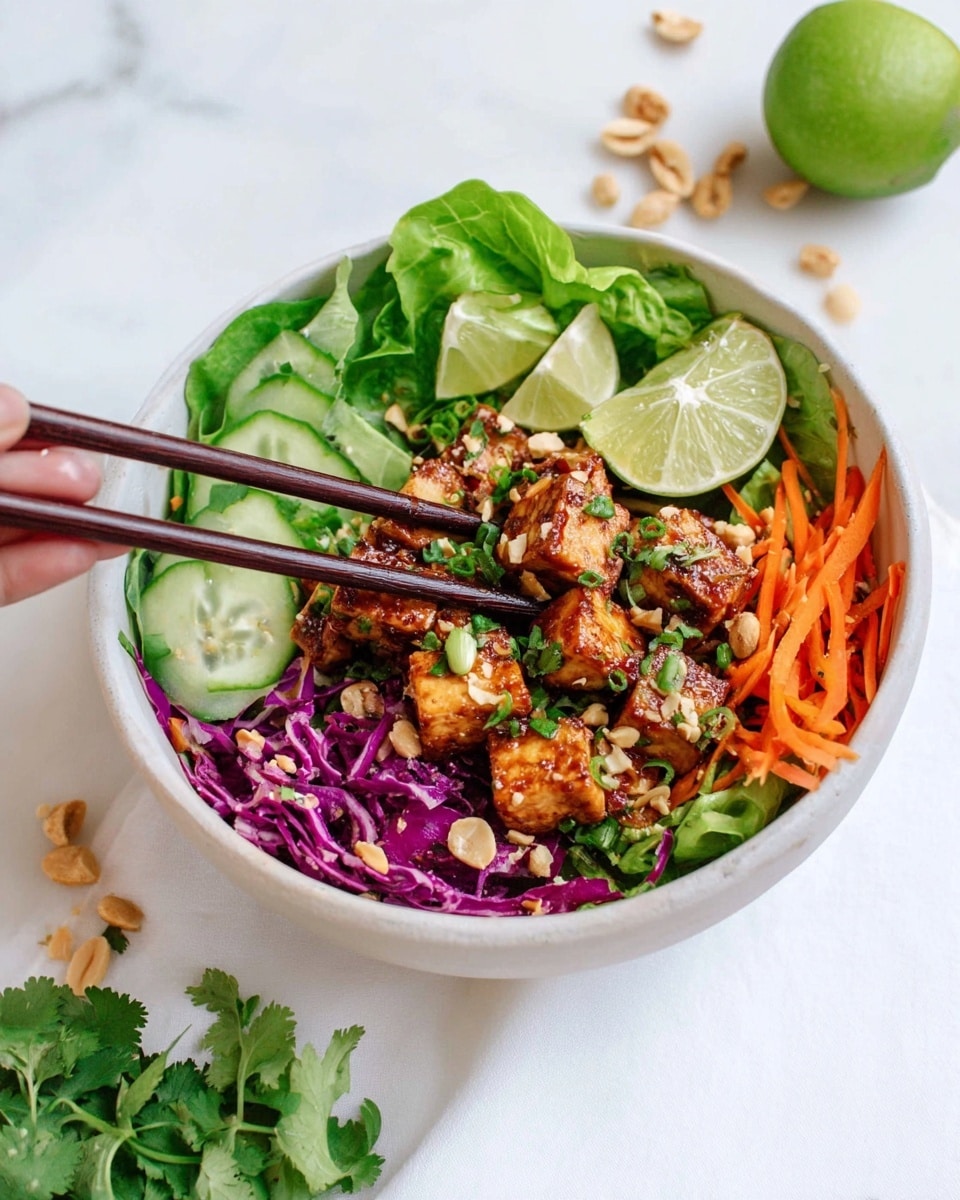 A white bowl filled with a colorful salad consisting of a base layer of green leafy lettuce and sliced green onions. On top of the greens, there are several bright orange carrot sticks and thin cucumber slices arranged near the edge. To the side, vibrant purple shredded cabbage adds contrast. In the center, there are golden-brown tofu cubes coated with a reddish sauce and scattered with white sesame seeds and peanuts. Two lemon wedges and fresh green cilantro leaves are placed on top and around the tofu for garnish. The bowl sits on a white marbled surface with a pair of wooden chopsticks resting nearby. Photo taken with an iphone --ar 4:5 --v 7