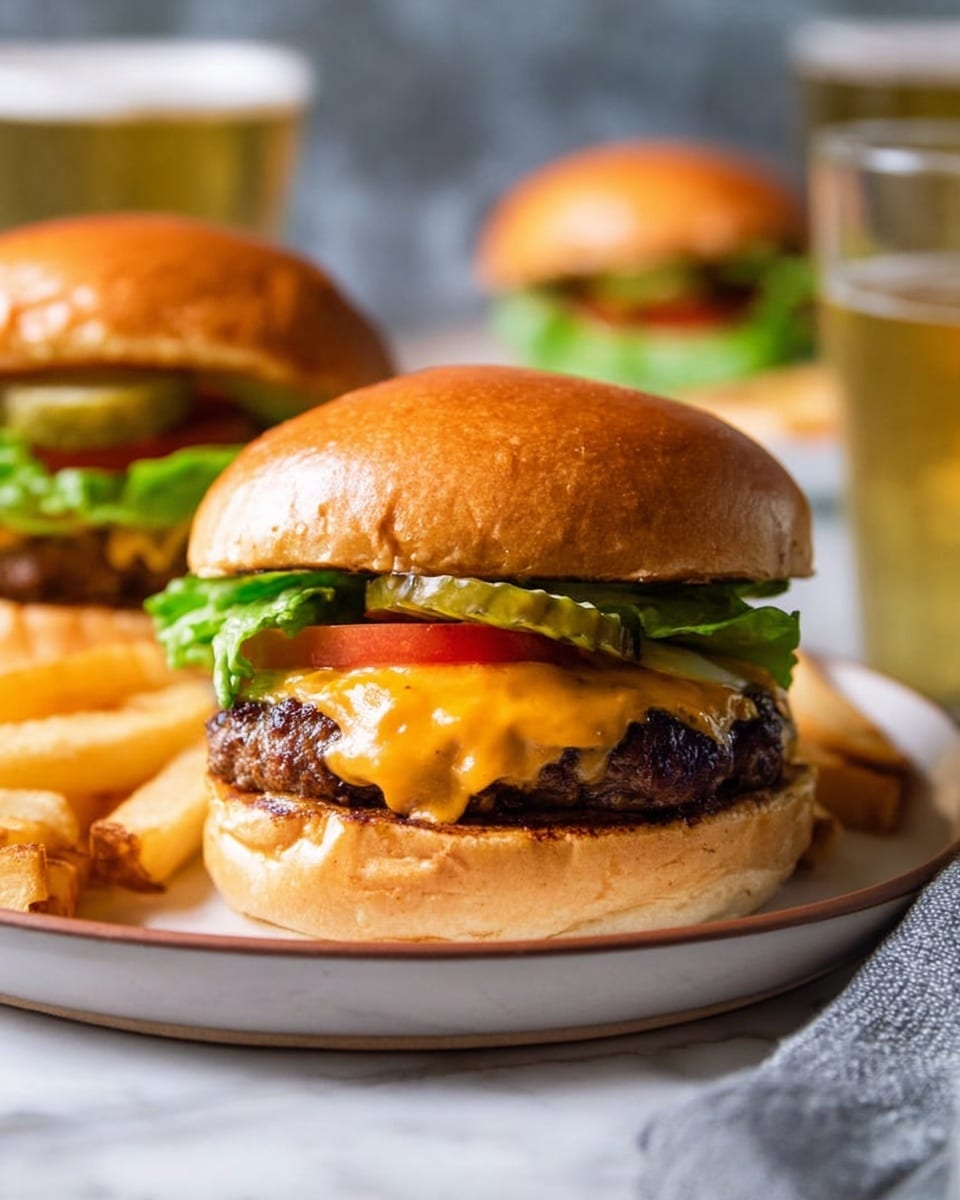A close-up of a juicy burger with five visible layers on a white plate placed on a white marbled surface. The bottom layer is a soft, golden bun spread with creamy orange sauce. Above it, there is a layer of fresh green lettuce, followed by a thick, bright red tomato slice. Next is a grilled brown beef patty topped with melted orange cheddar cheese that drips slightly on the sides. On top, two slices of green pickles peek from under a shiny, smooth golden top bun. Photo taken with an iphone --ar 4:5 --v 7