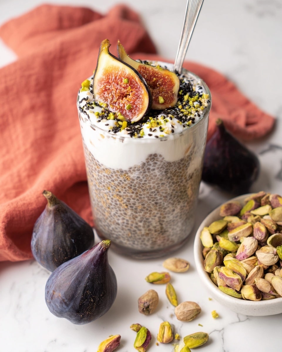 A clear glass mug filled with creamy chia pudding that has a grayish-white color and a jelly-like texture, with slices of pink and purple figs pressed against the inside of the glass, showing their detailed seeds and fleshy texture. On top of the pudding is a layer of whole pistachios that are green, brown, and yellow in color, adding a rough texture. The mug is set on a white marbled surface with scattered whole and sliced figs around it, as well as some loose pistachios. A metal spoon is placed inside the mug on the right side. A red cloth is partially visible under the mug. photo taken with an iphone --ar 4:5 --v 7