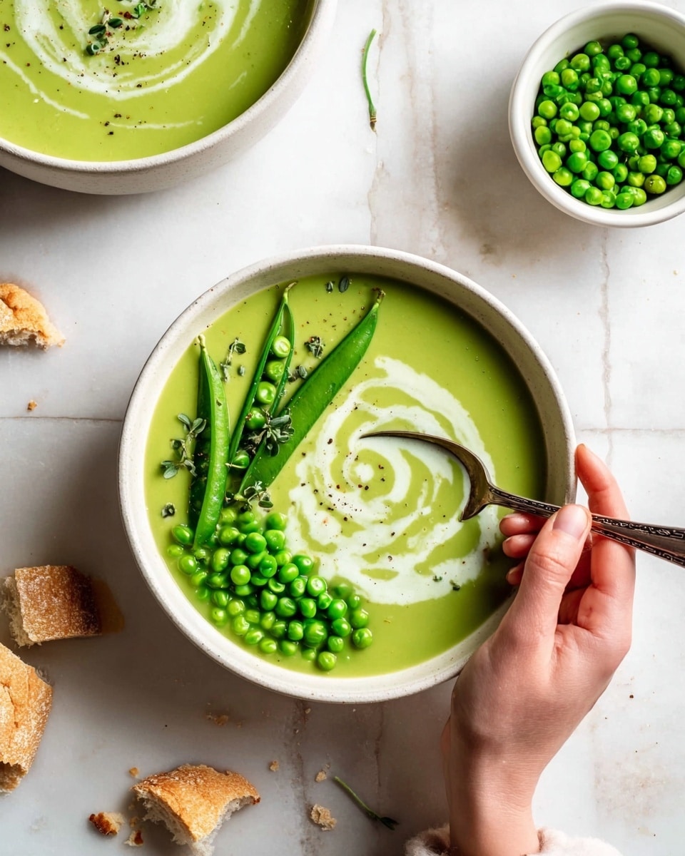 A round bowl with a light beige speckled texture holds a smooth green soup as the bottom layer, topped with a swirl of white cream mixed gently into the soup. On one side inside the bowl, there is a small pile of bright green peas, and next to it, three green pea pods are placed slightly open to show the inside. Small green herb leaves and ground black pepper sprinkle over the surface. A metal spoon rests inside the bowl on the right side. In the background on a white marbled surface, another similar bowl with the same soup and a small white bowl of peas are visible. A piece of brown bread is placed on the lower right side of the image. photo taken with an iphone --ar 4:5 --v 7