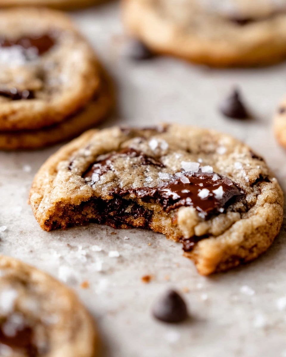 A close-up view of a chocolate chip cookie with a bite taken out of it, showing a soft, slightly gooey texture mixed with melted chocolate chips inside. The cookie is light brown with darker edges and sprinkled with coarse sea salt on top. In the background, blurred chocolate chips and more cookies are visible, all placed on a white marbled surface. The focus is sharpest on the bitten cookie, highlighting its crumbly but moist inside. photo taken with an iphone --ar 4:5 --v 7