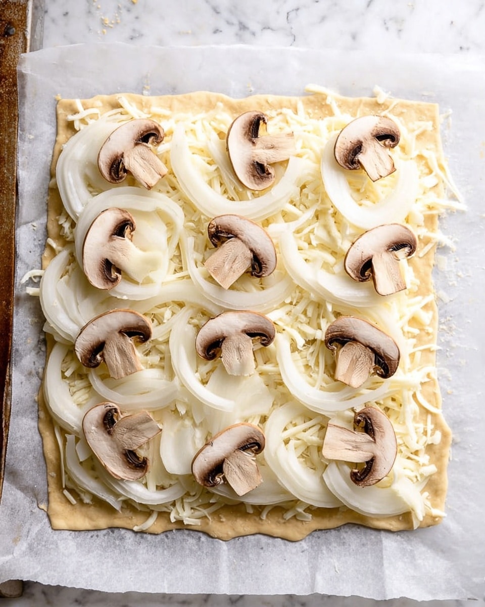 A rectangular tart with a golden brown, flaky crust forms the base layer, topped with a creamy white cheese spread. On top of the cheese, there are thin, soft layers of white onion, overlapping in a fan shape. Scattered across the tart are slices of cooked brown mushrooms with darker edges, and small sprigs of green thyme add a fresh touch. The tart is cut into six squares, with one square slightly pulled out to the bottom left, showing the layers clearly. The background is a white marbled surface with small bowls of chili flakes and sprigs of thyme nearby. Photo taken with an iphone --ar 4:5 --v 7