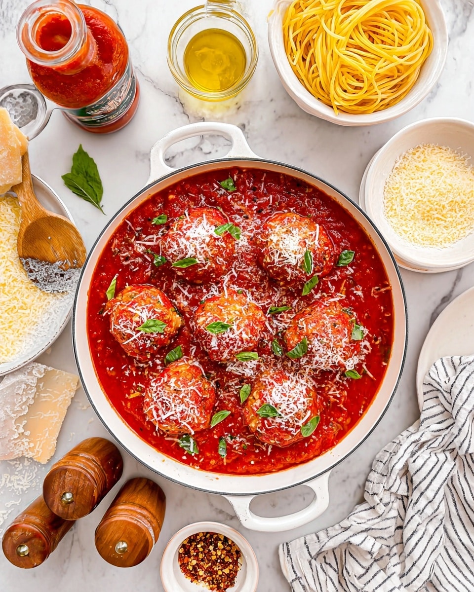 A white pan filled with seven large, round meatballs covered in bright red tomato sauce, each meatball topped with white grated cheese and small green basil leaves scattered around. The sauce is thick and chunky, evenly spread across the pan. Surrounding the pan are several white dishes: one with plain yellow spaghetti, one with grated cheese and a cheese wedge, one with light-colored breadcrumbs, and a small white bowl containing golden olive oil. A tin of tomato sauce, two wooden salt and pepper shakers, a small dish with red pepper flakes and a wooden spoon, a couple of bay leaves, and a striped cloth napkin with a spatula rest on a white marble surface. photo taken with an iphone --ar 4:5 --v 7