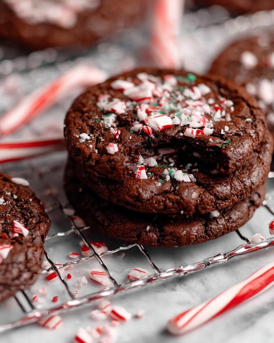 Several round, dark brown chocolate cookies with a cracked surface are placed on a cooling rack. Each cookie is topped with small and medium-sized pieces of white and red striped crushed candy canes, some embedded into the cookies' surface. Two whole candy canes with white and red stripes lie diagonally on the rack near the cookies. The cooling rack is set over a white marbled texture with some scattered candy cane crumbs around. photo taken with an iphone --ar 4:5 --v 7