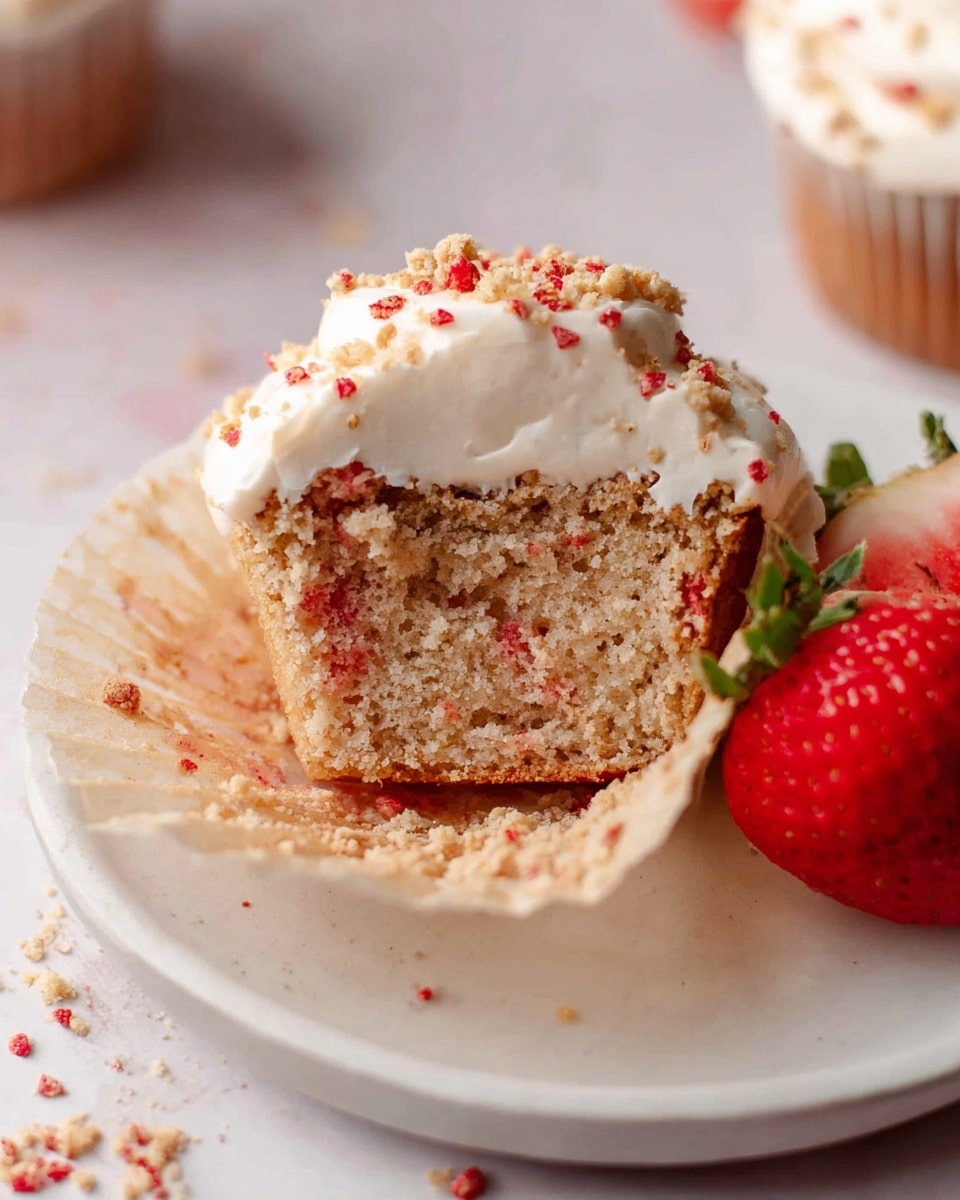 A close-up view of a single cupcake with a light brown base wrapped in a beige paper liner, topped with one thick layer of creamy white frosting swirled smoothly, sprinkled generously with small crumbly bits of red and beige, and decorated with a half-cut ripe red strawberry standing upright on top. The cupcake sits on a round white plate with a white marbled texture background. Around the plate, there are a whole strawberry and a sliced strawberry adding a fresh look. Photo taken with an iphone --ar 4:5 --v 7