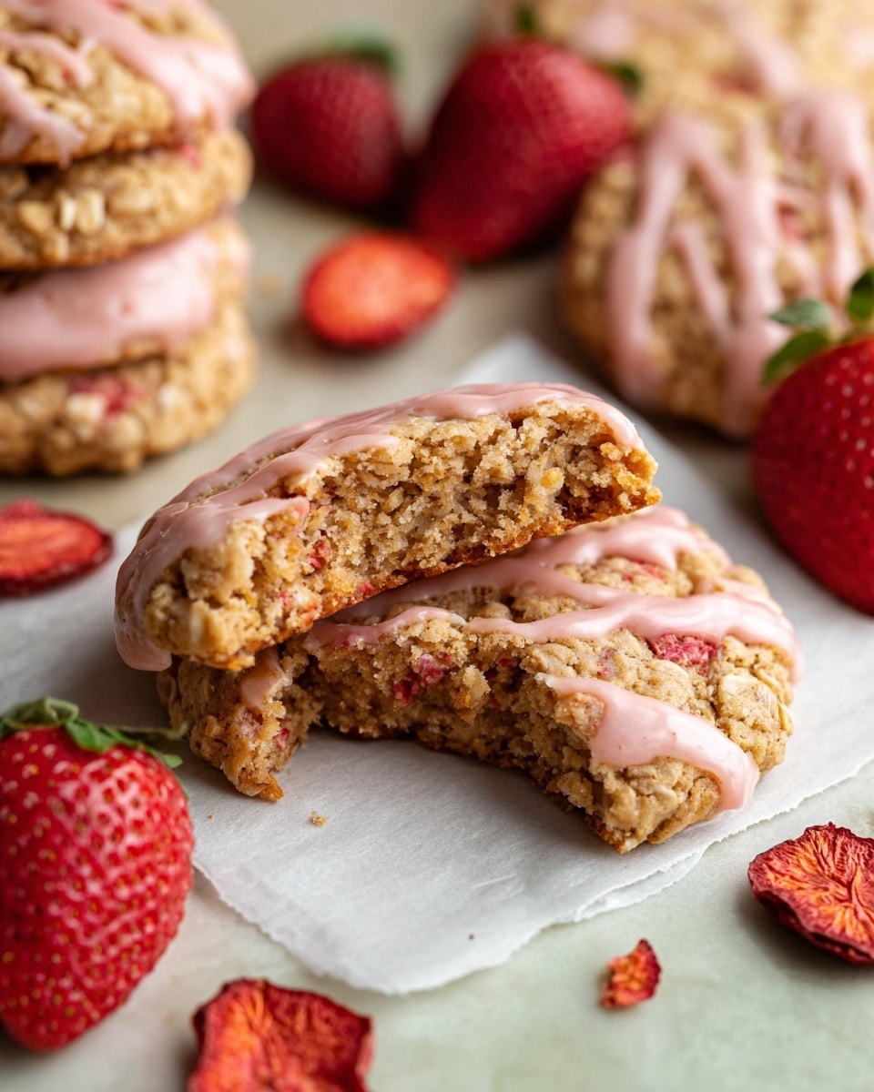 The image shows round oatmeal cookies with a rough texture and a light brown color, topped with patches of pink frosting or glaze that looks creamy and unevenly spread. Around the cookies, there are small dried strawberry slices that are bright red with detailed seeds, adding a touch of color contrast. One cookie sits on a crumpled piece of parchment paper, while to the right, a white scalloped bowl holds more dried strawberry slices. The background features a white marbled surface that adds subtle texture and brightness to the scene. Photo taken with an iphone --ar 4:5 --v 7